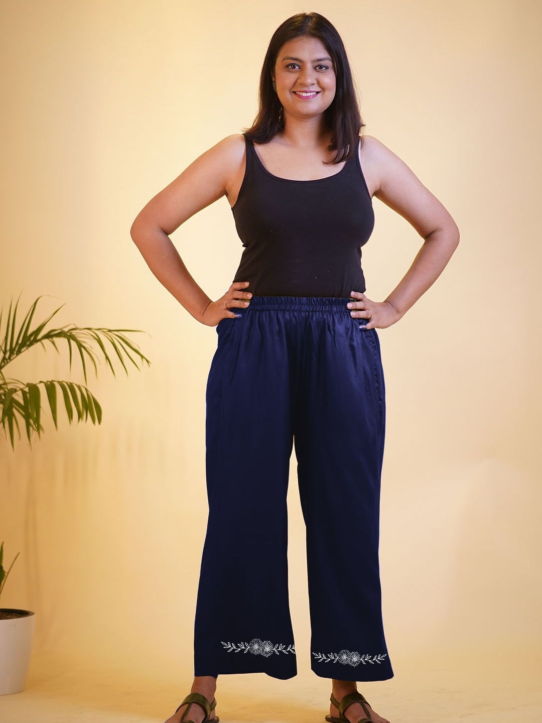

LetsDressUp Women Ethnic Motifs Hem Design Chambray Straight Palazzos, Navy blue