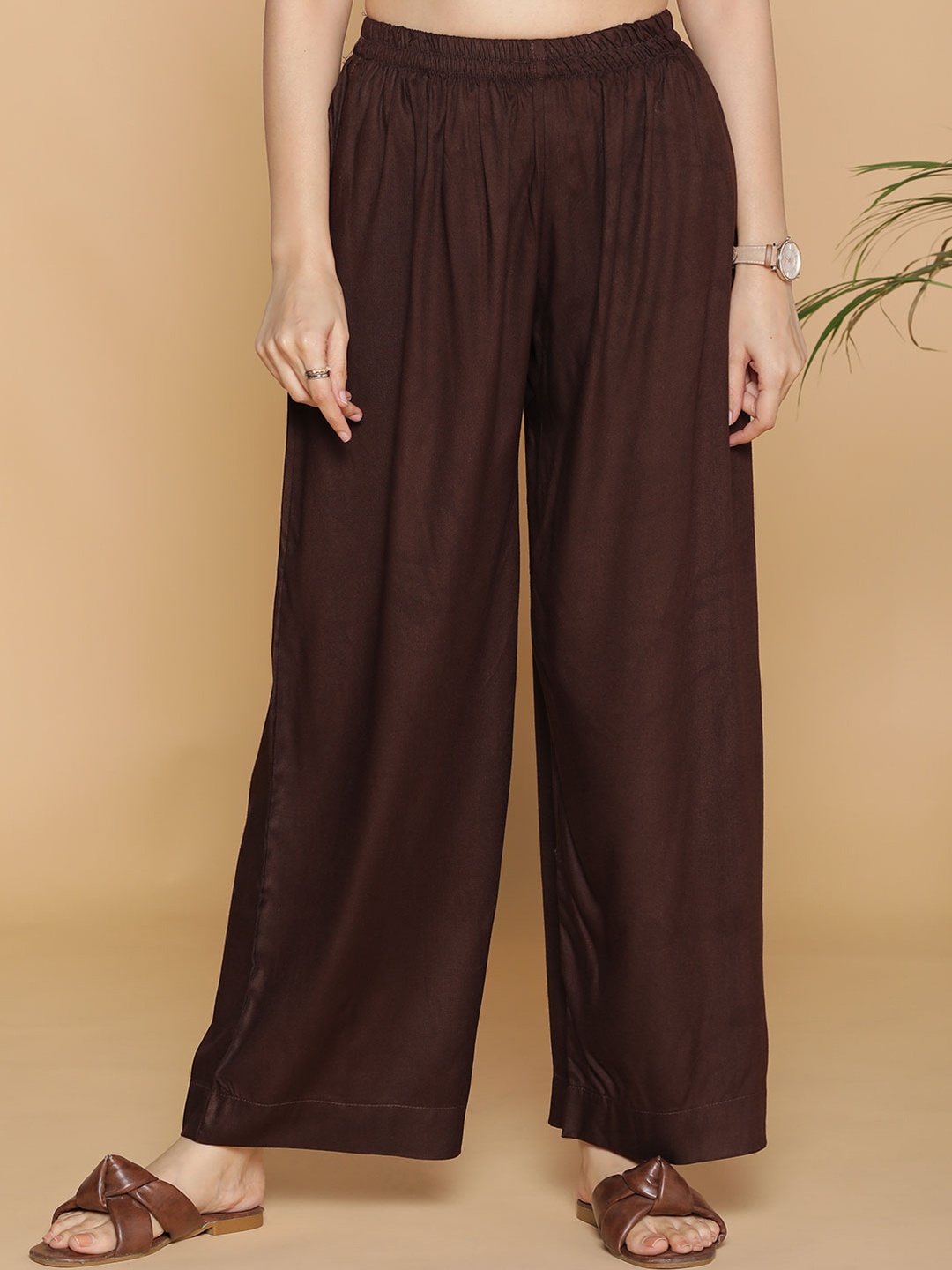 

LetsDressUp Women Chambray Straight Palazzos, Coffee brown