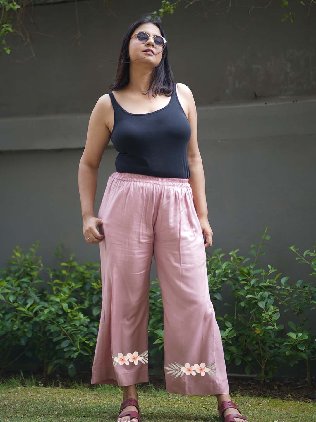 

LetsDressUp Women Ethnic Motifs Hem Design Chambray Straight Palazzos, Pink