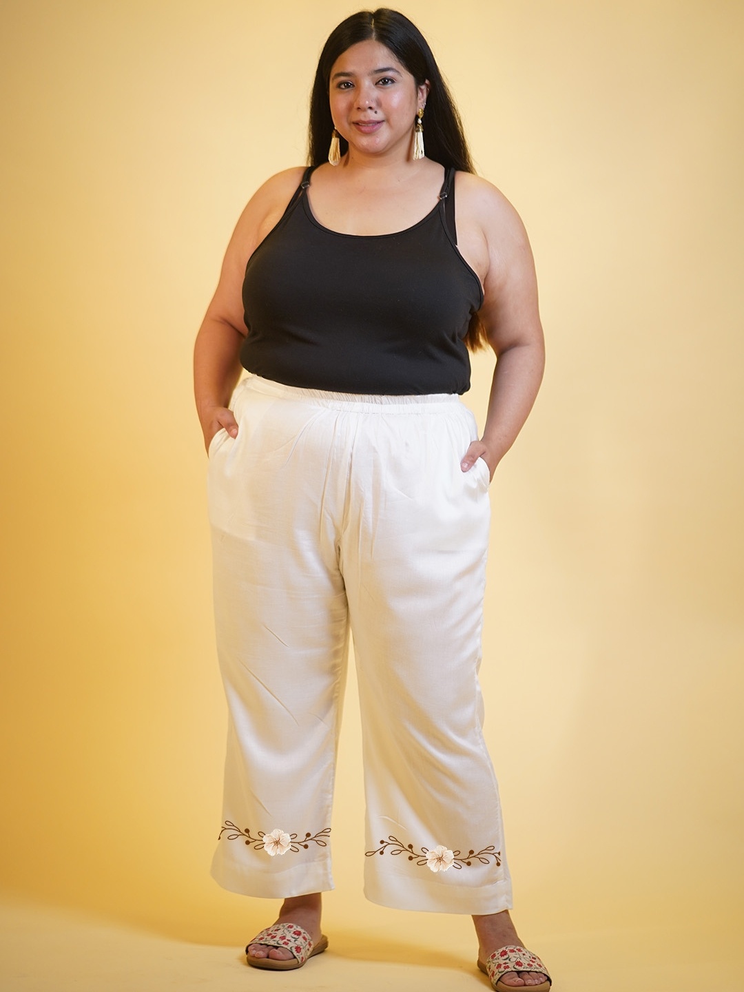 

LetsDressUp Plus Size Floral Hem Design Chambray Straight Fit Palazzos, White