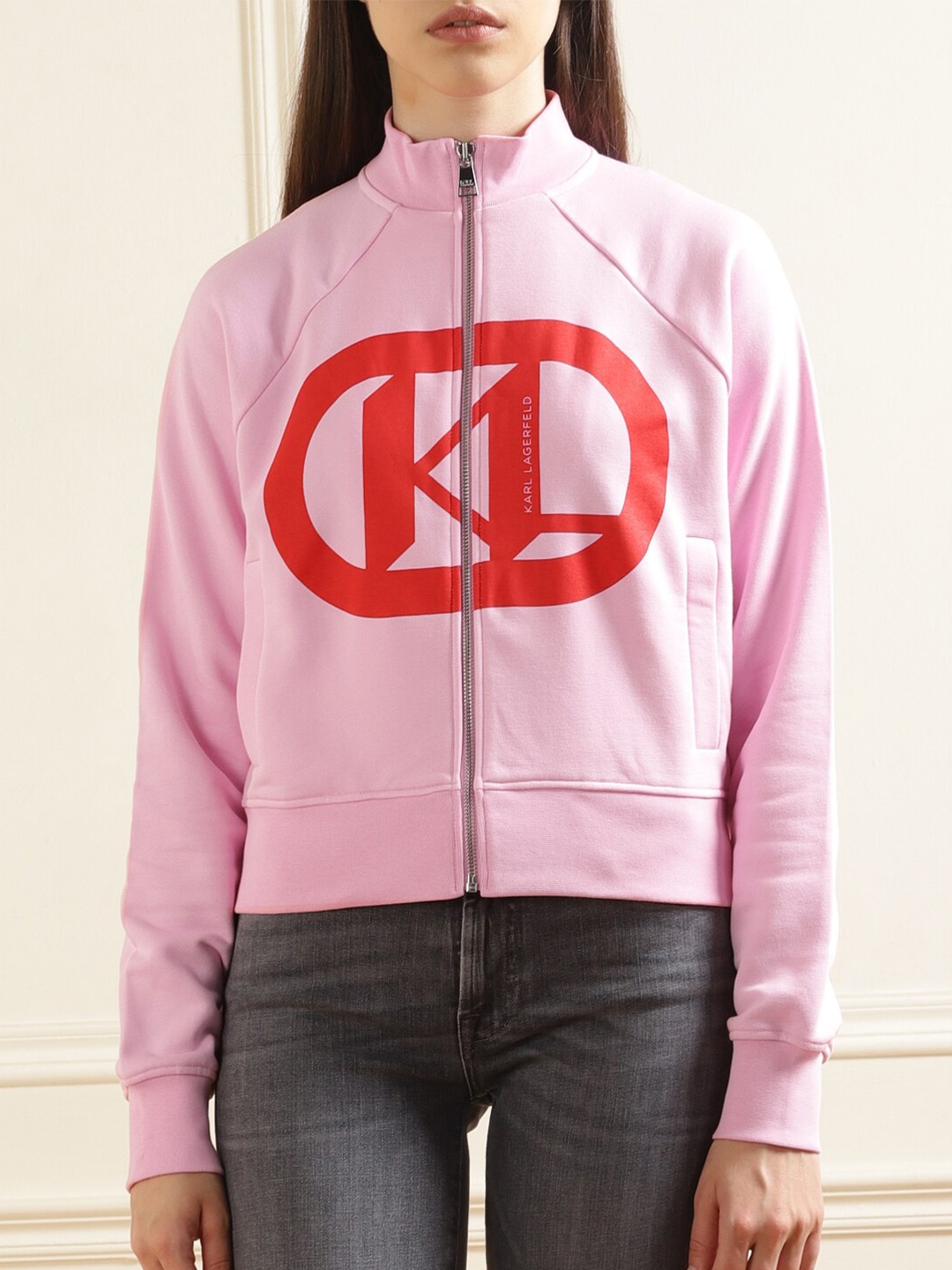 

Karl Lagerfeld Brand Logo Printed Mock Collar Front-Open Sweatshirt, Pink