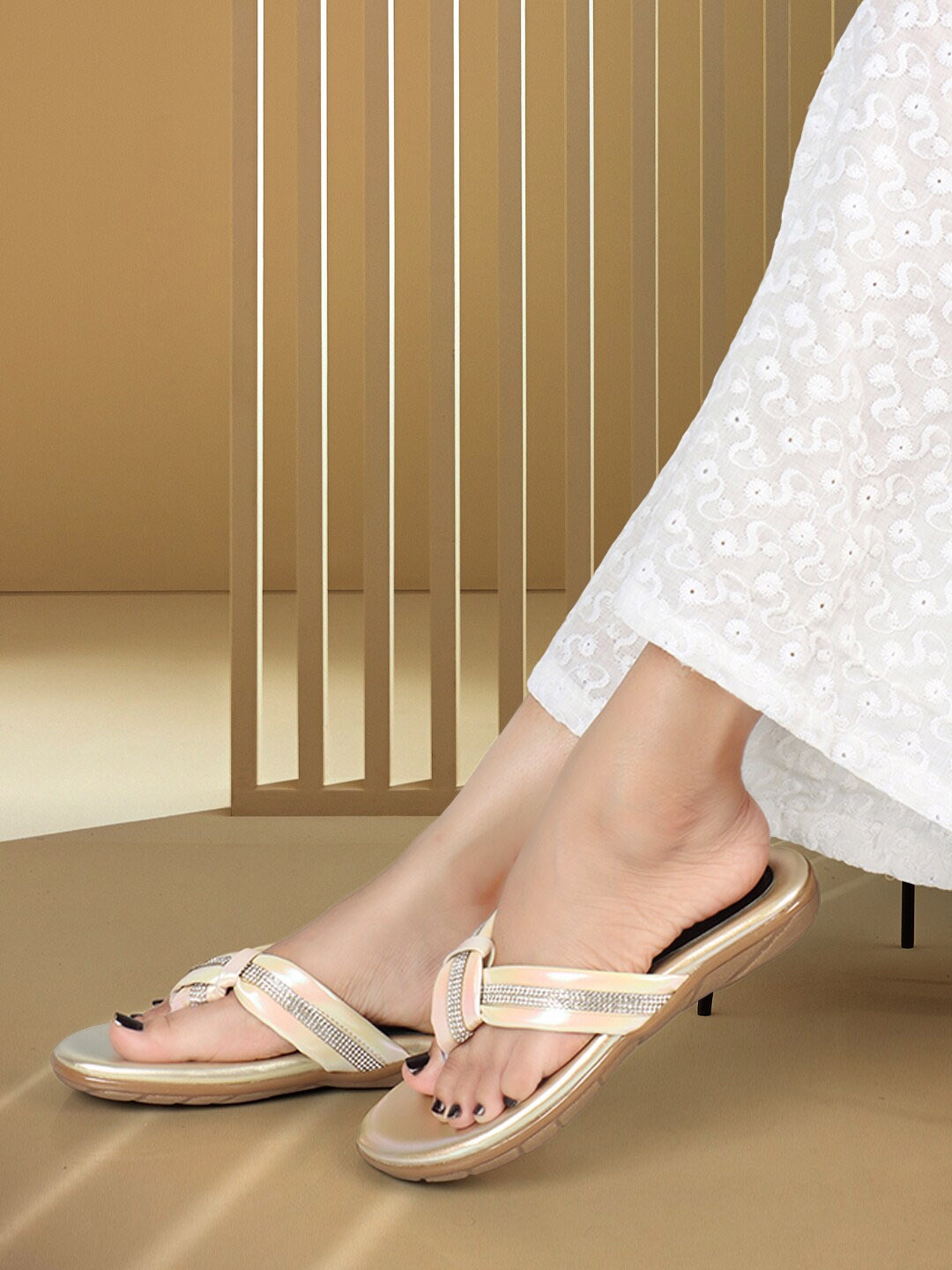

ELLE Embellished Open Toe Flats, Gold