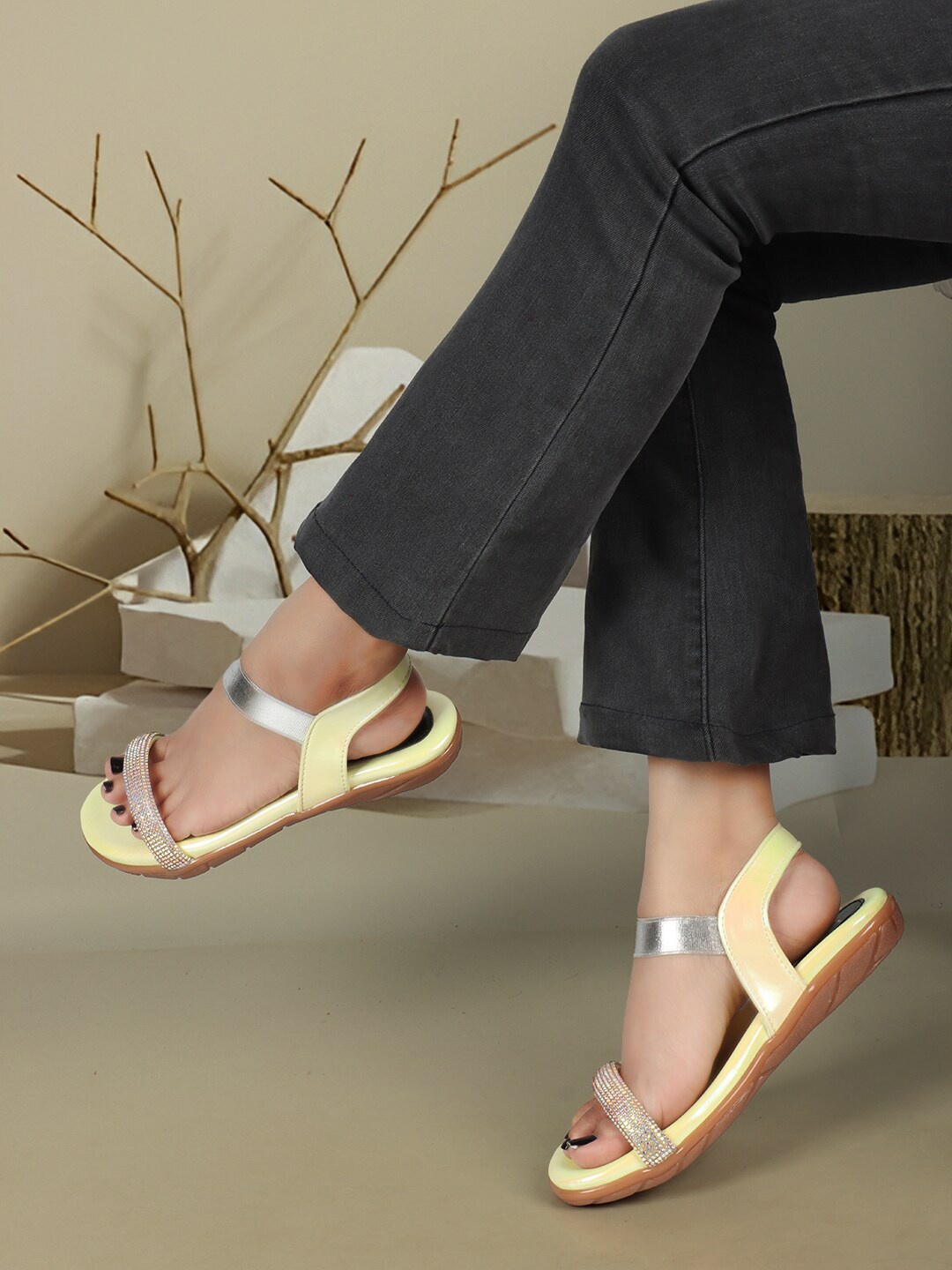 

ELLE Embellished Open Toe Flats With Backstrap, Yellow