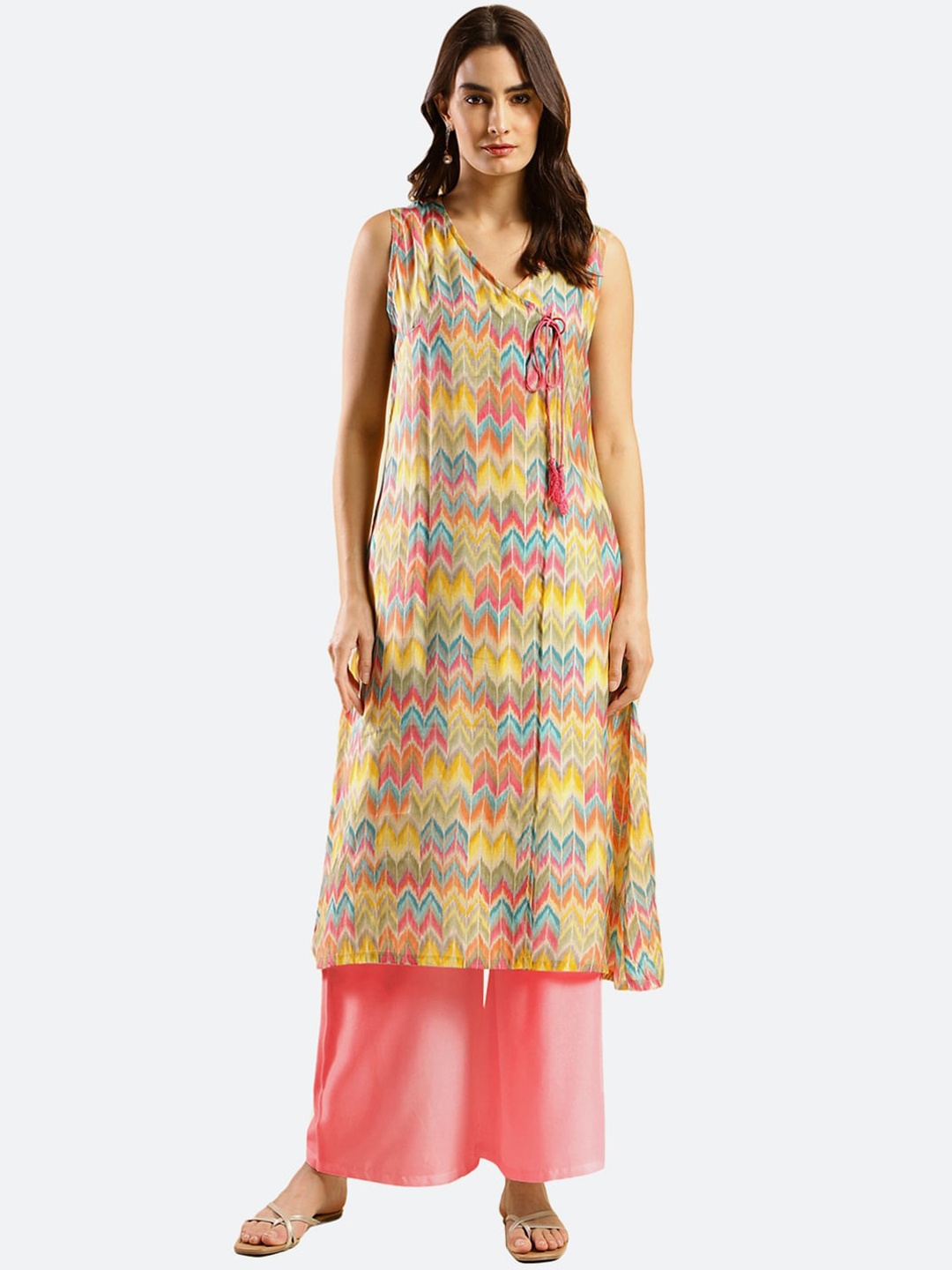 

KALINI Ethnic Motifs Printed Sleeveless A-Line Kurta, Yellow