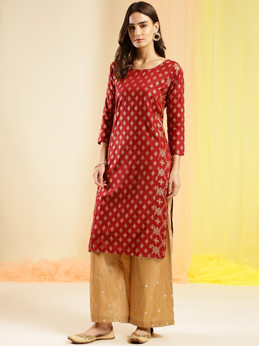 

Sangria Maroon Ethnic Motifs Printed Straight Kurta