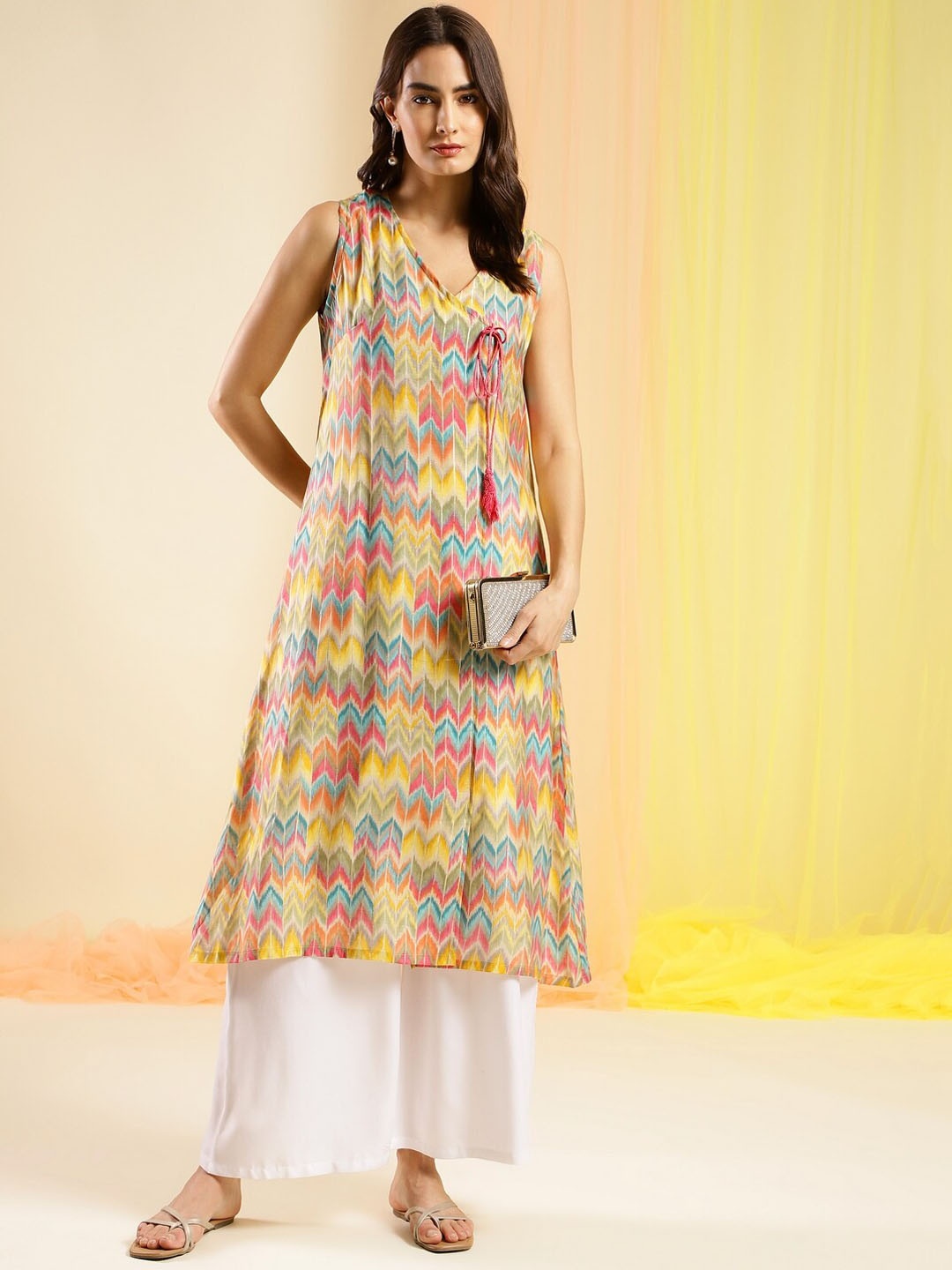 

Sangria Yellow Chevron Printed Angrakha A-line Kurta