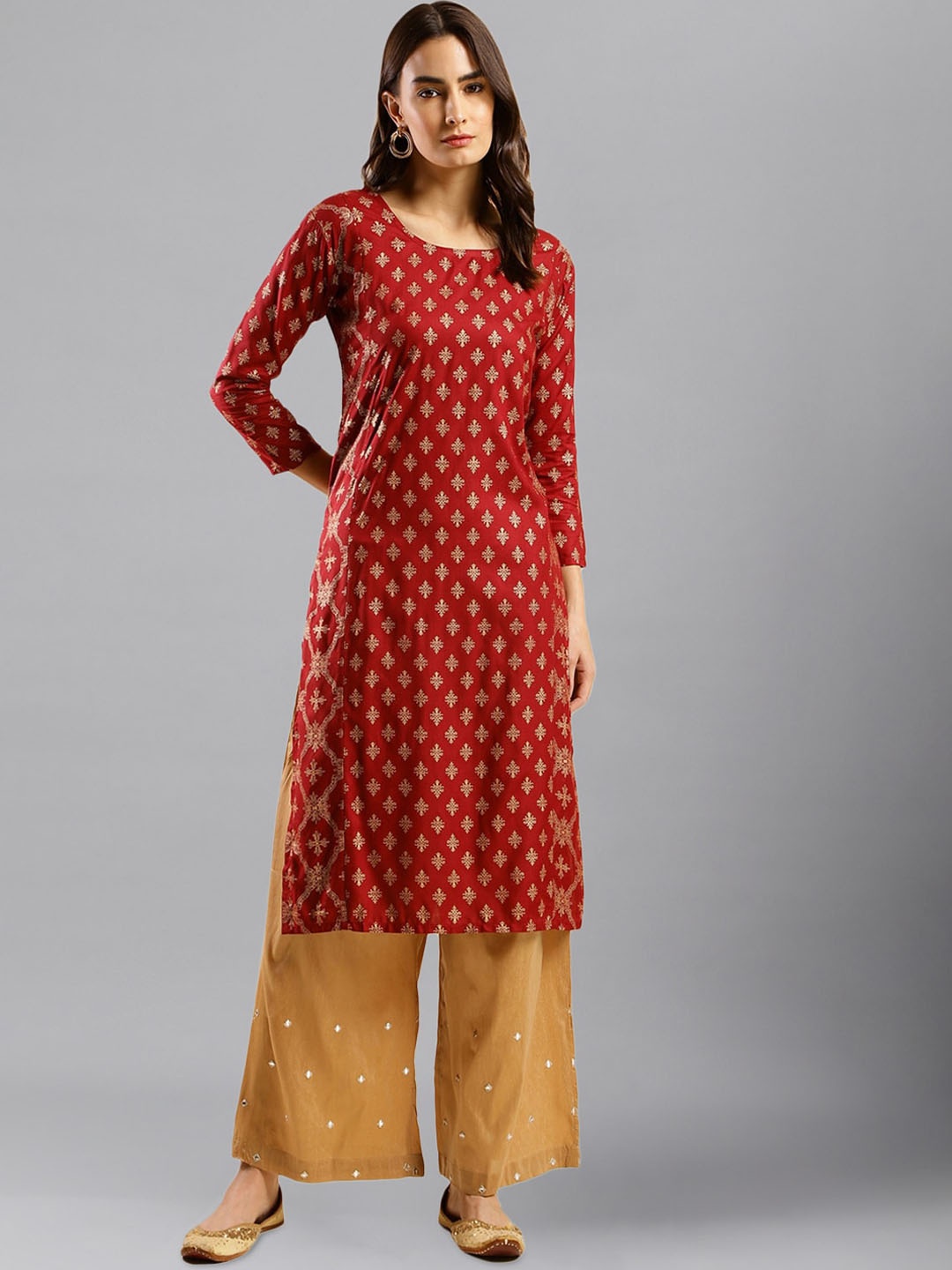

HERE&NOW Ethnic Motifs Printed Straight Kurta, Maroon