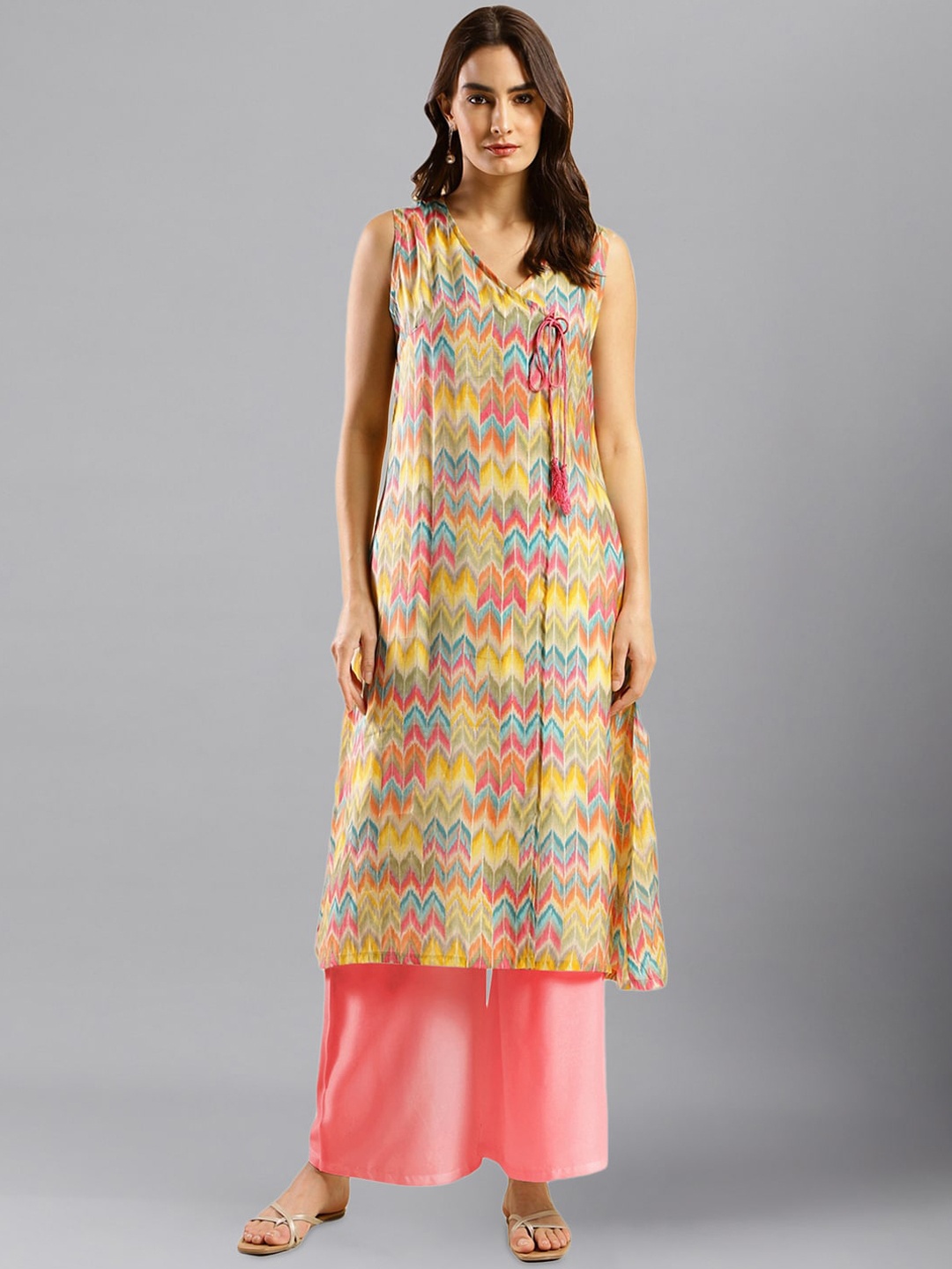 

HERE&NOW Abstract Printed V-Neck Sleeveless Angrakha Kurta, Yellow