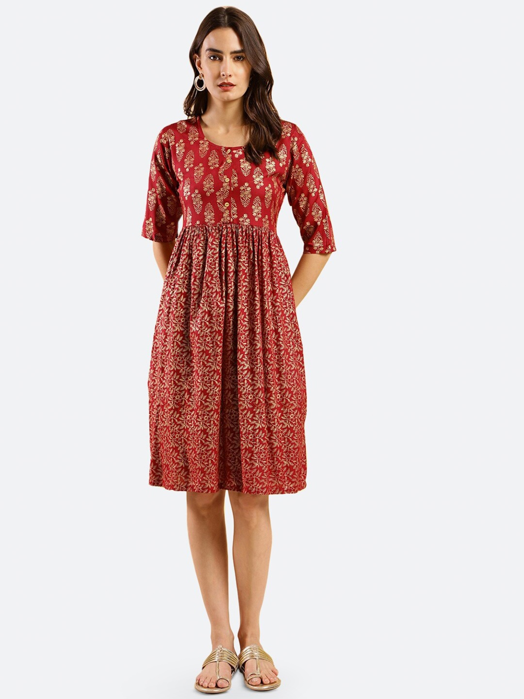 

KALINI Floral Printed Cotton Fit & Flare Ethnic Dress, Pink