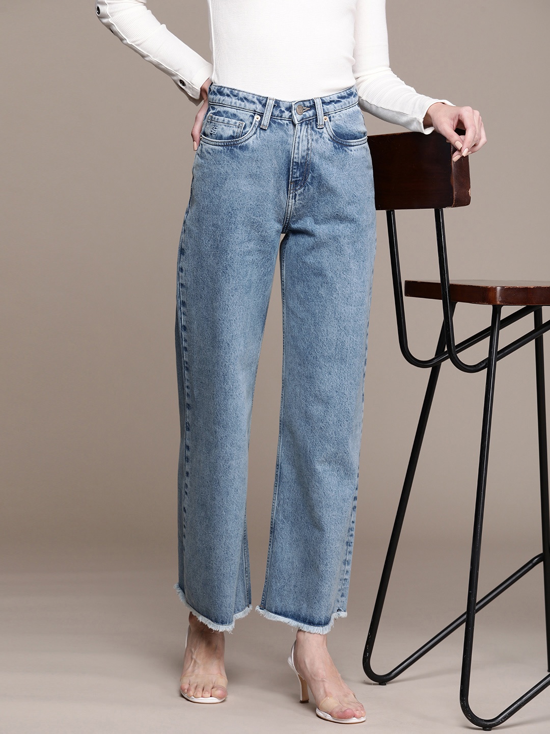

French Connection Women Wide Leg Pure Cotton Light Fade Jeans, Blue