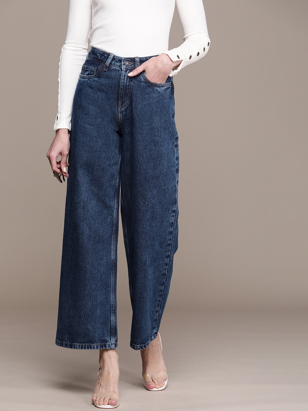 

French Connection Women Wide Leg Pure Cotton Jeans, Blue