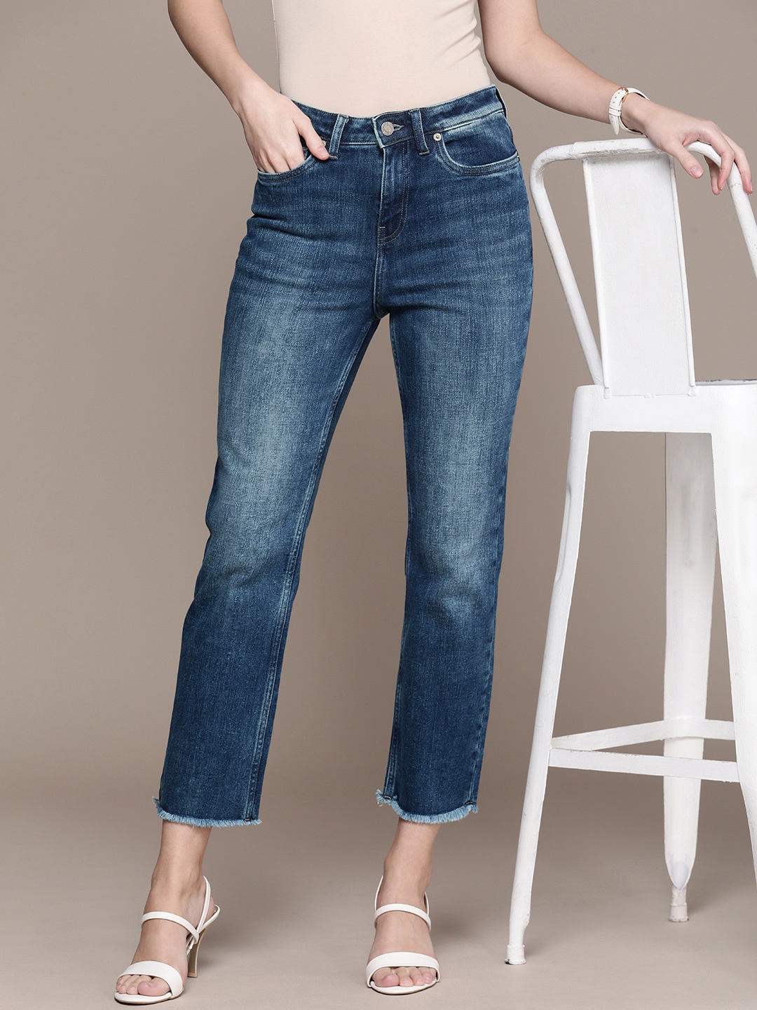 

French Connection Women Straight Fit Mid-Rise Heavy Fade Stretchable Jeans, Blue