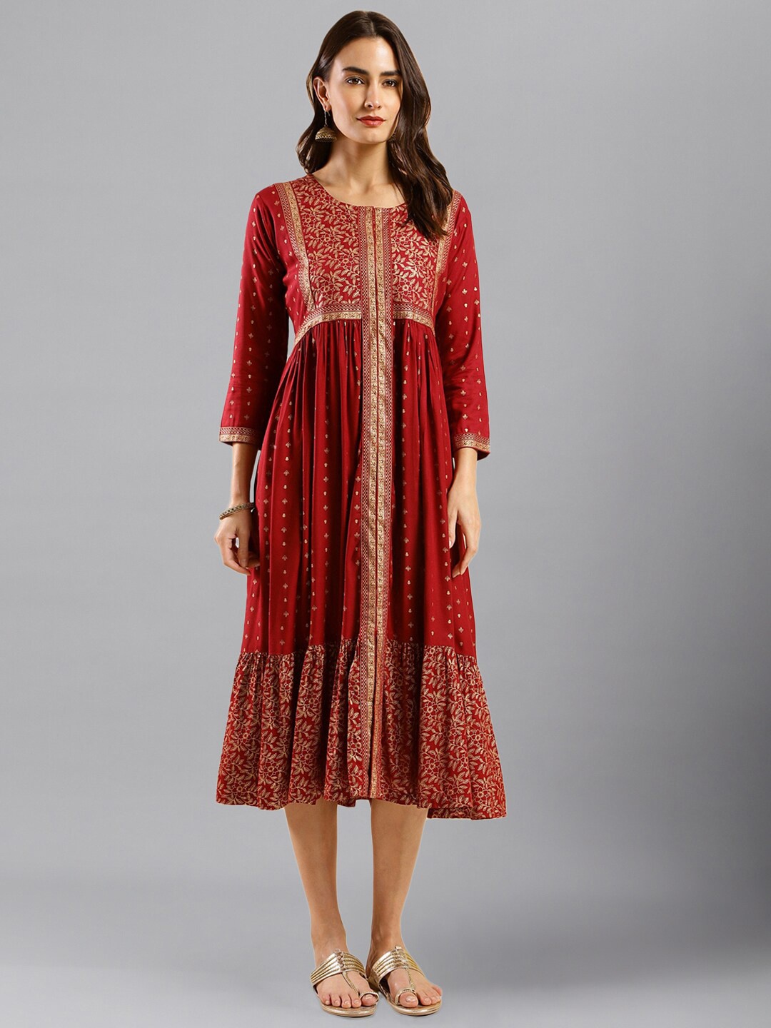 

HERE&NOW Maroon Ethnic Motifs Printed Fit & Flare Midi Ethnic Dress