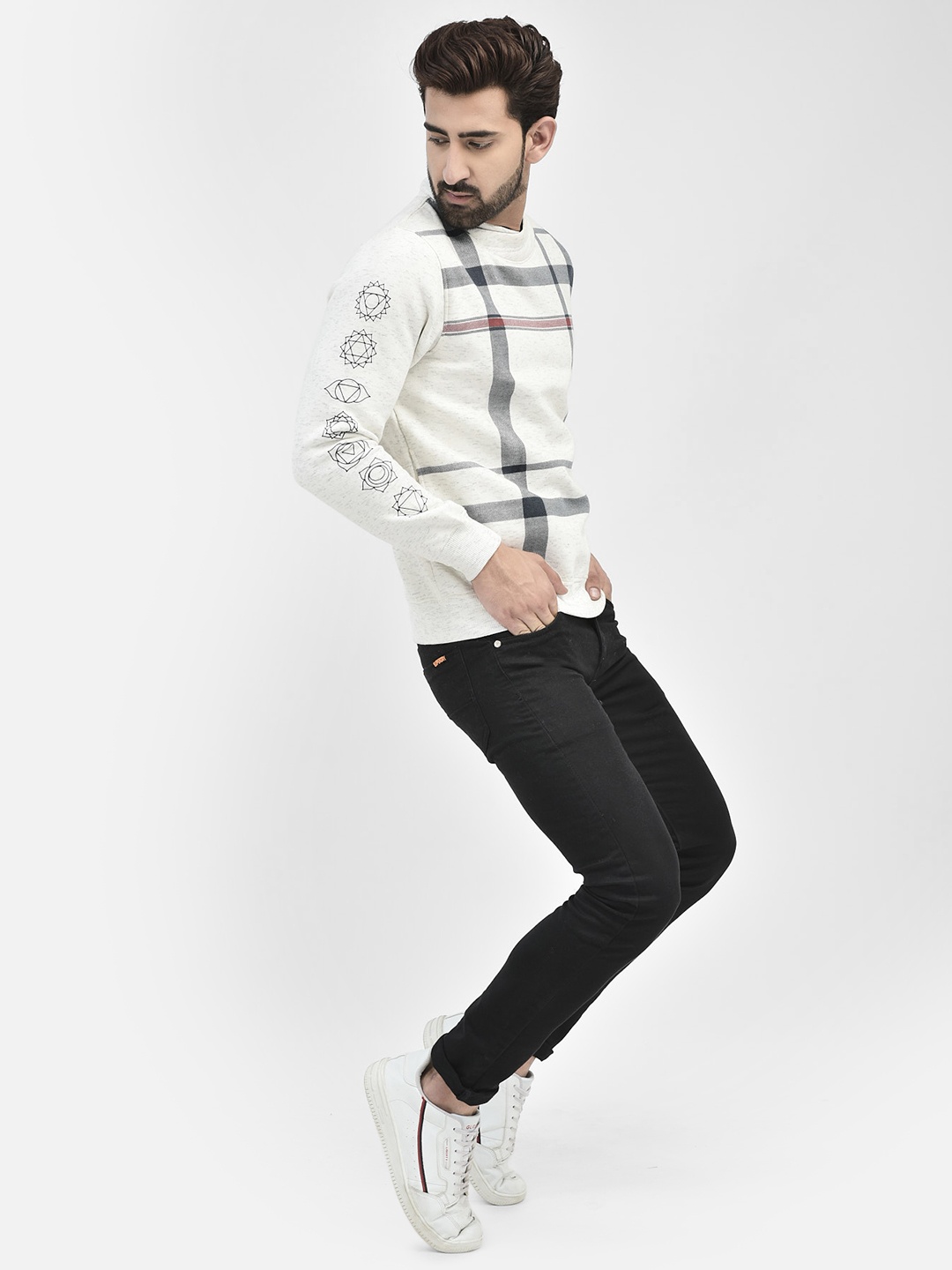 

Crimsoune Club Checked High Neck Pullover Sweatshirt, White