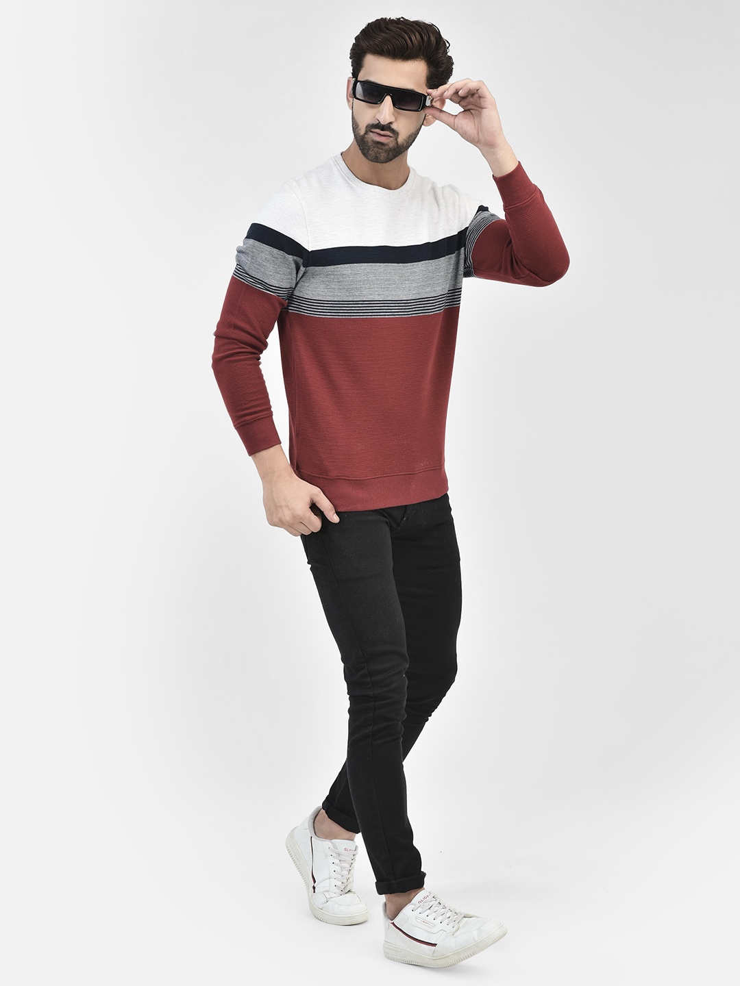 

Crimsoune Club Round Neck Striped Pullover Sweatshirt, Red