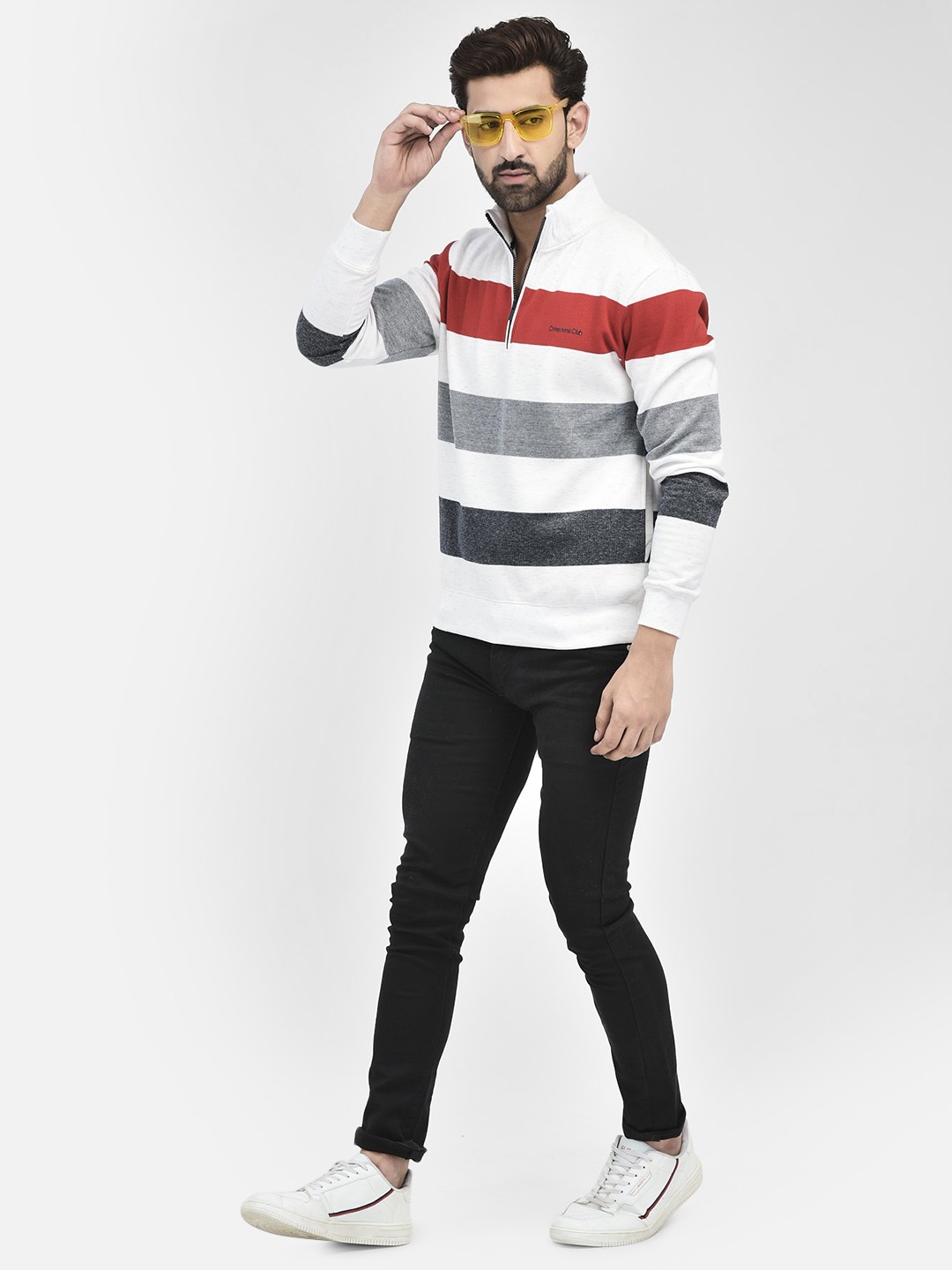 

Crimsoune Club Striped High Neck Half Zipper Pullover Cotton Sweatshirt, Red