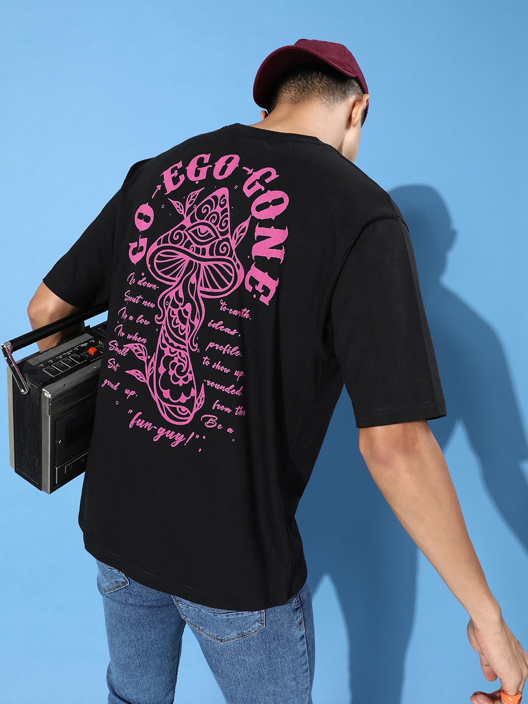 

Difference of Opinion Men Printed Drop-Shoulder Sleeves Pure Cotton T-shirt, Black