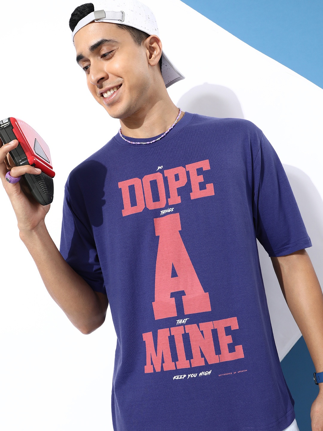 

Difference of Opinion Men Typography Printed Drop-Shoulder Sleeves Pure Cotton T-shirt, Navy blue