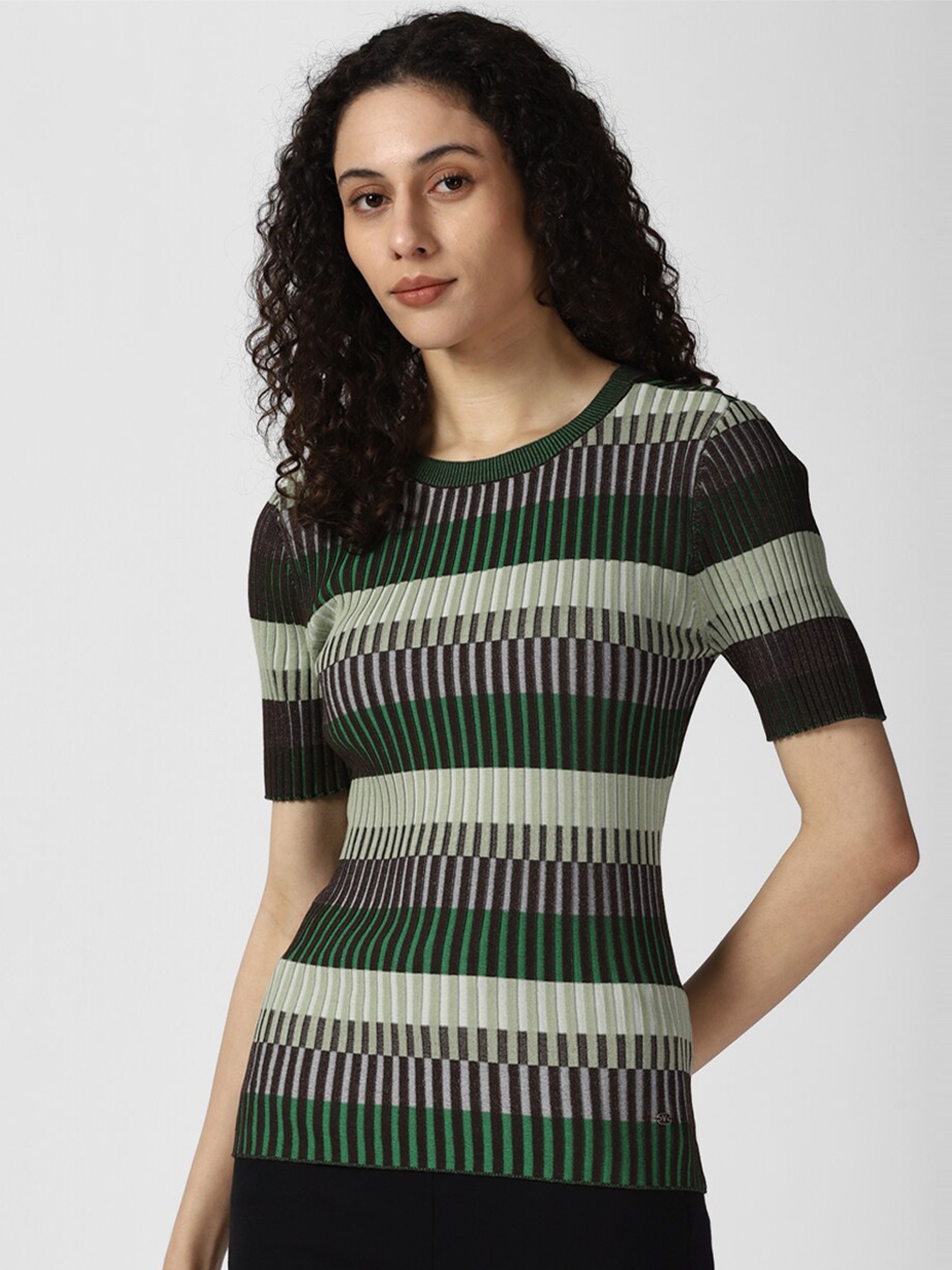 

Van Heusen Woman Horizontal Striped Ribbed Fitted Top, Green