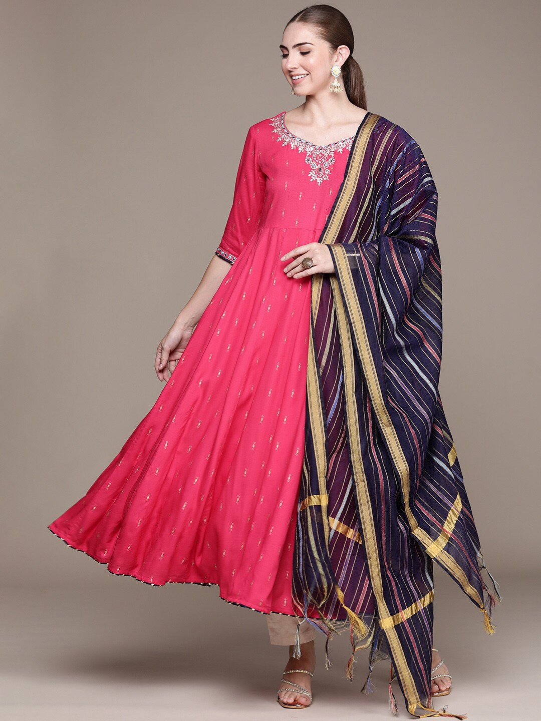 

Anouk Ethnic Motifs Printed Zari Cotton Anarkali Kurta With Dupatta, Pink