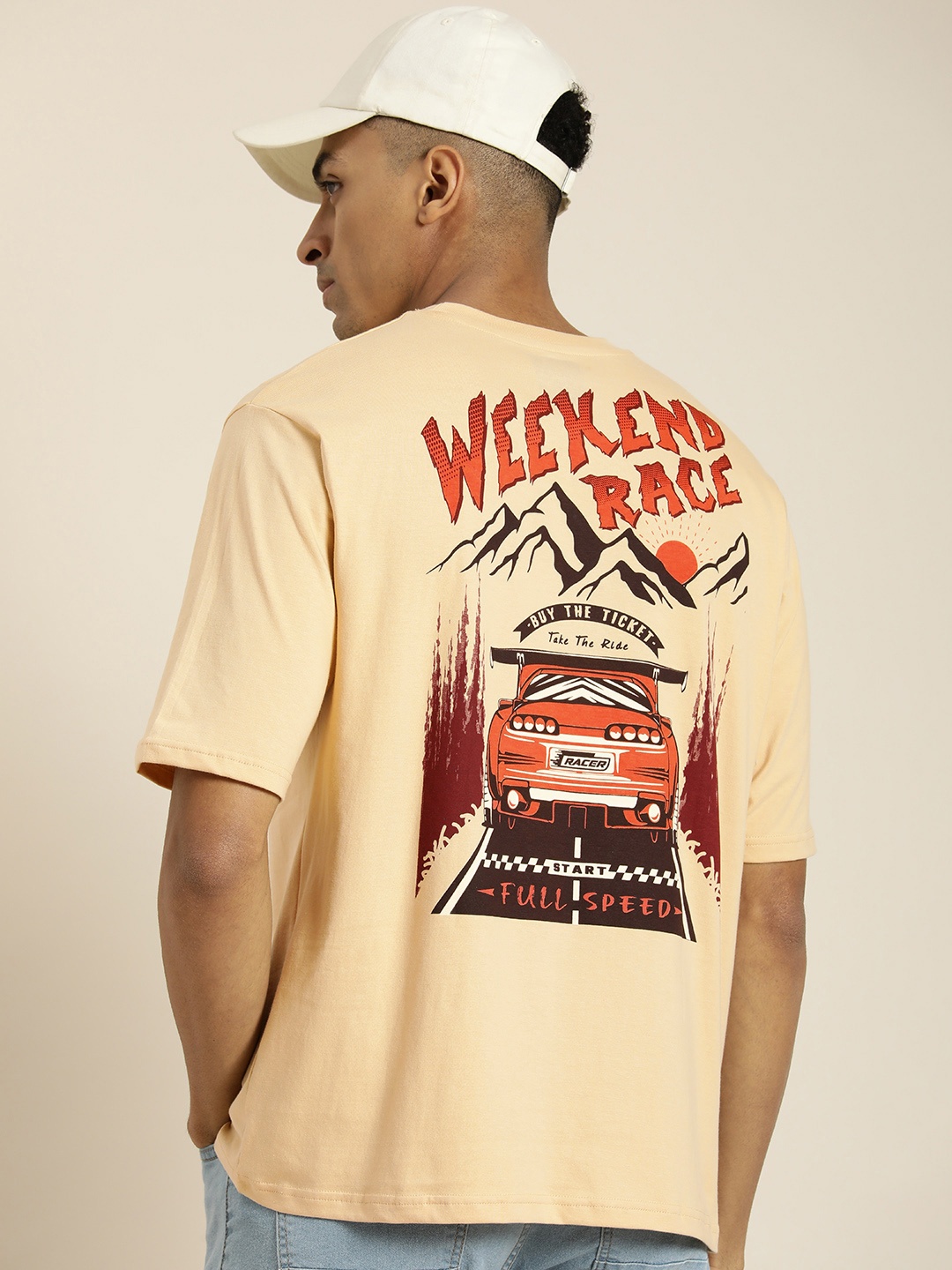 

Difference of Opinion Men Graphic Printed Oversized T-shirt, Beige