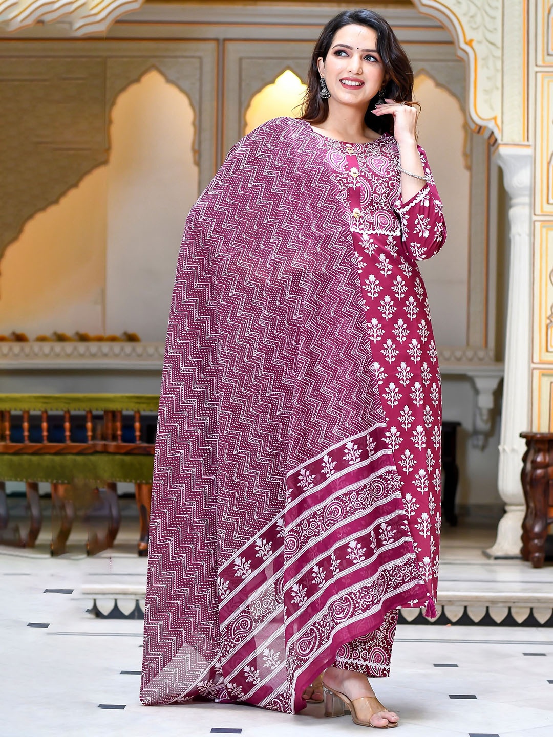 

MissKurti Ethnic Motifs Printed Gotta Patti Pure Cotton Kurta with Salwar & Dupatta, Maroon