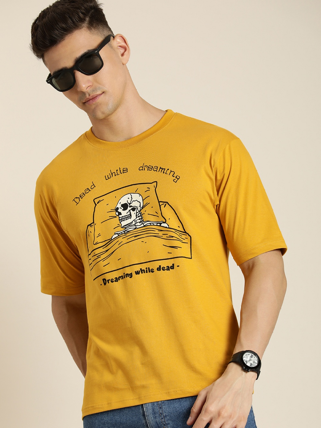 

Difference of Opinion Men Graphic Printed Oversized T-shirt, Mustard