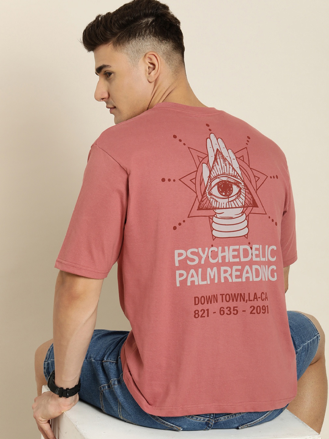 

Difference of Opinion Men Graphic Printed Oversized T-shirt, Pink