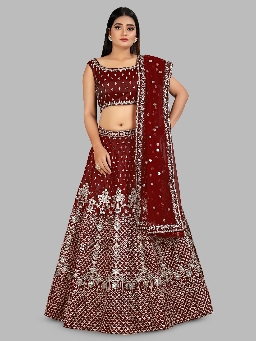 

TIKODI Embroidered Semi-Stitched Lehenga & Unstitched Blouse With Dupatta, Maroon