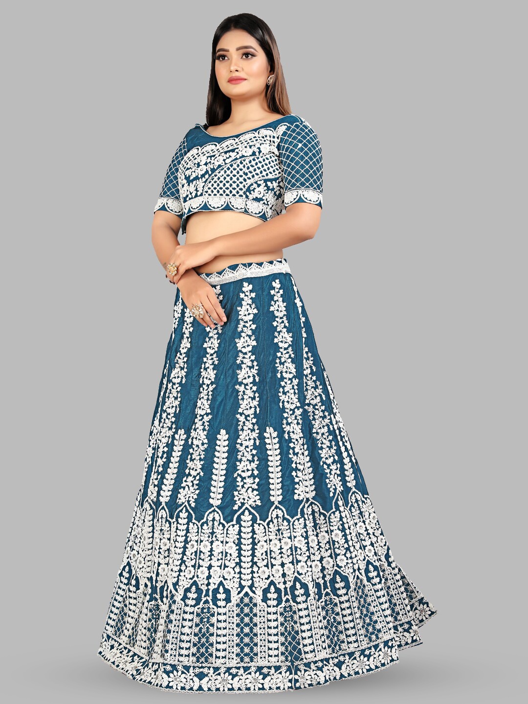 

TIKODI Embroidered Thread Work Semi-Stitched Lehenga & Unstitched Blouse With Dupatta, Blue