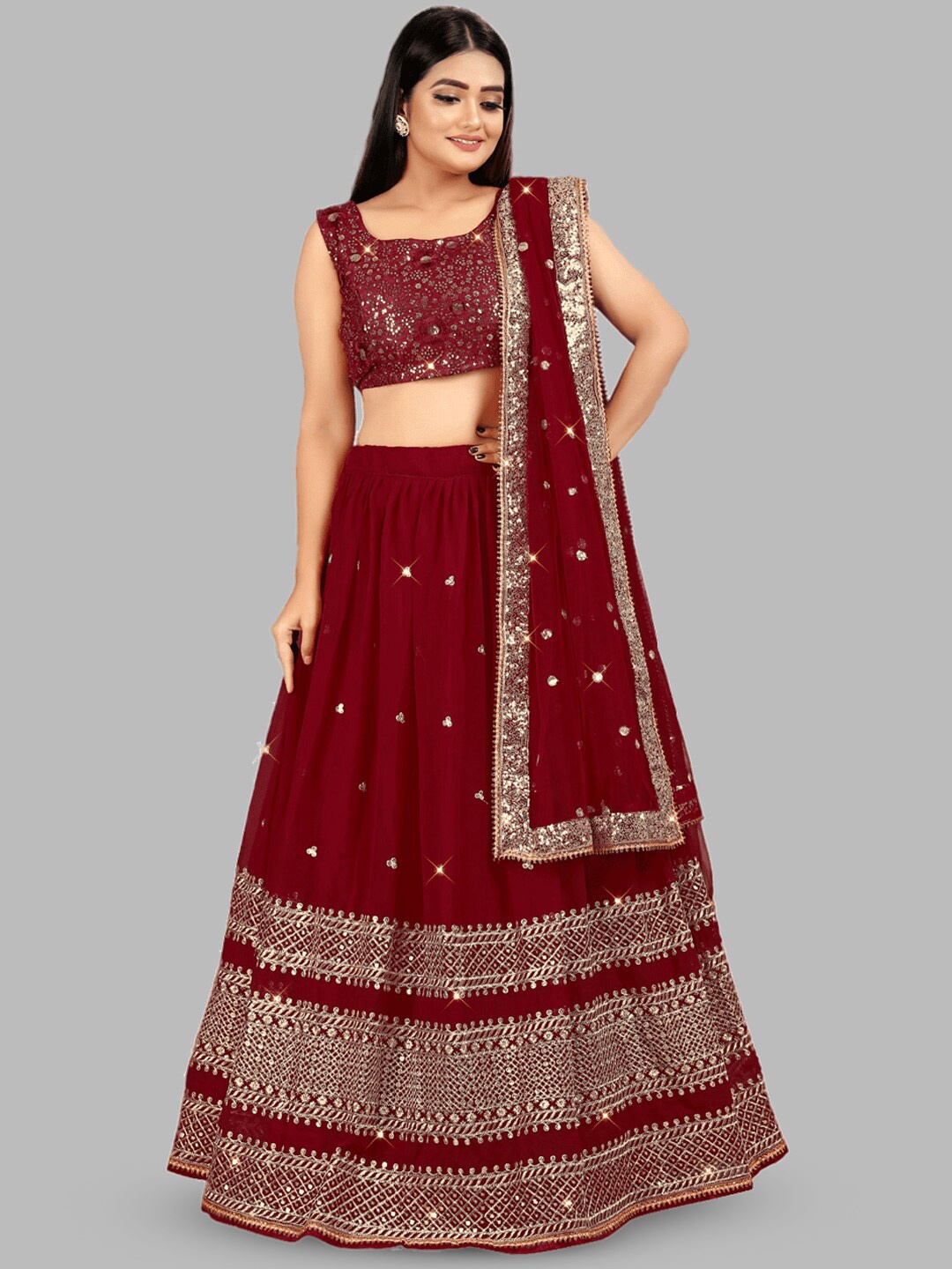 

TIKODI Embroidered Sequinned Semi-Stitched Lehenga & Unstitched Blouse With Dupatta, Maroon
