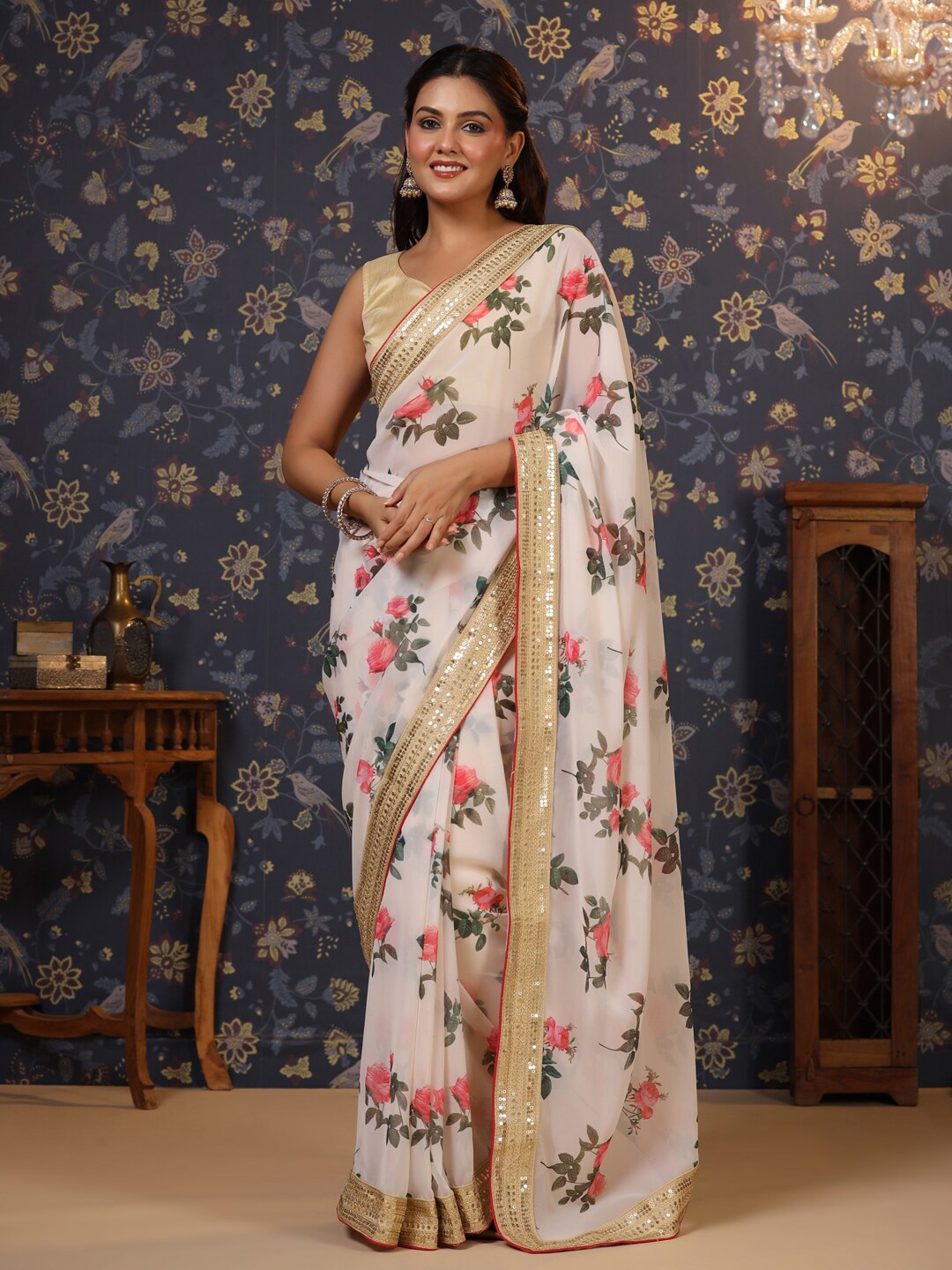 

House of Pataudi Pure Georgette Floral Printed Sequinned Saree, Off white