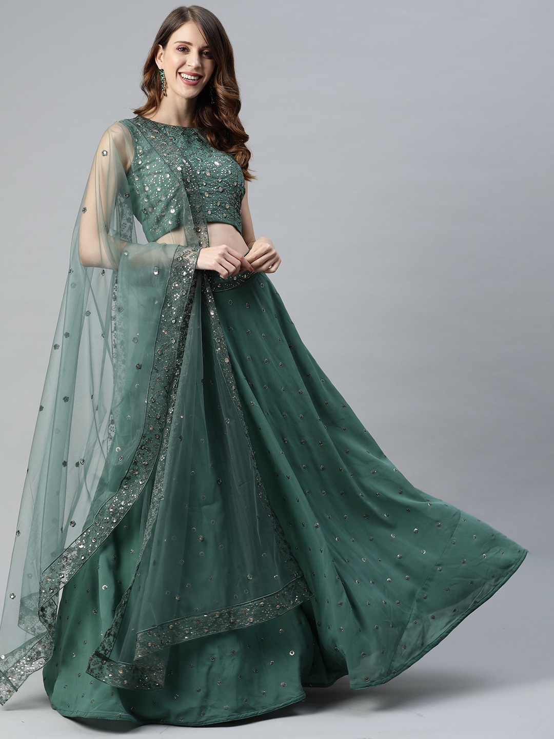 

HERE&NOW Embellished Sequinned Semi-Stitched Lehenga & Unstitched Blouse With Dupatta, Olive