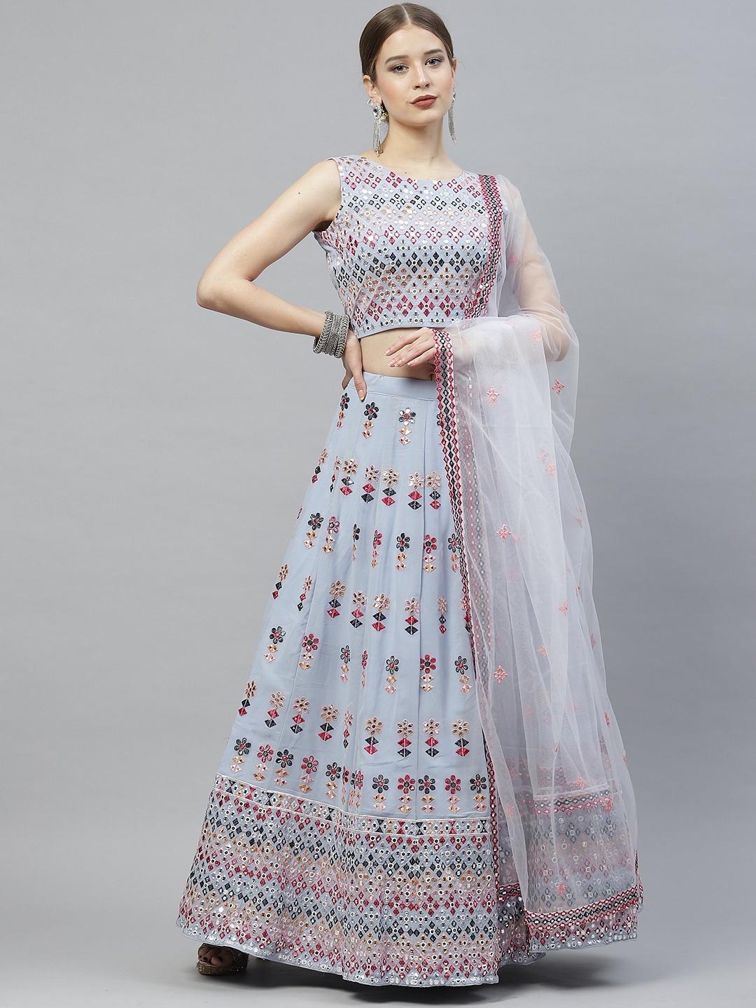 

HERE&NOW Embellished Mirror Work Semi-Stitched Lehenga & Unstitched Blouse With Dupatta, Blue