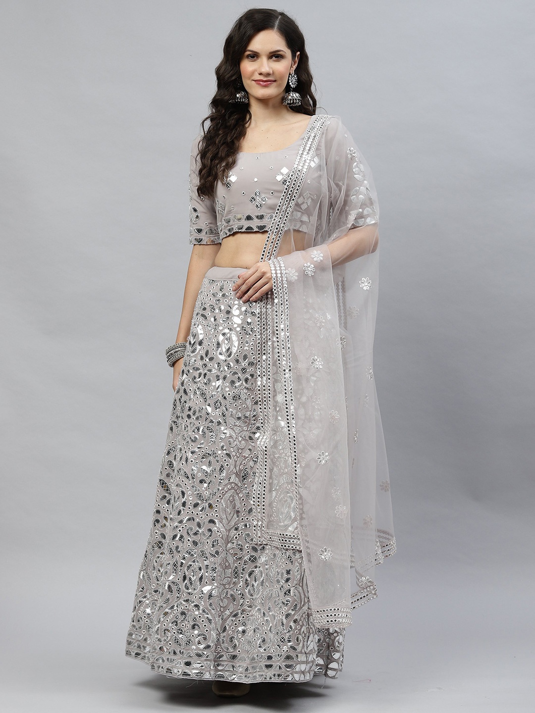 

HERE&NOW Embroidered Mirror Work Semi-Stitched Lehenga & Unstitched Blouse With Dupatta, Grey