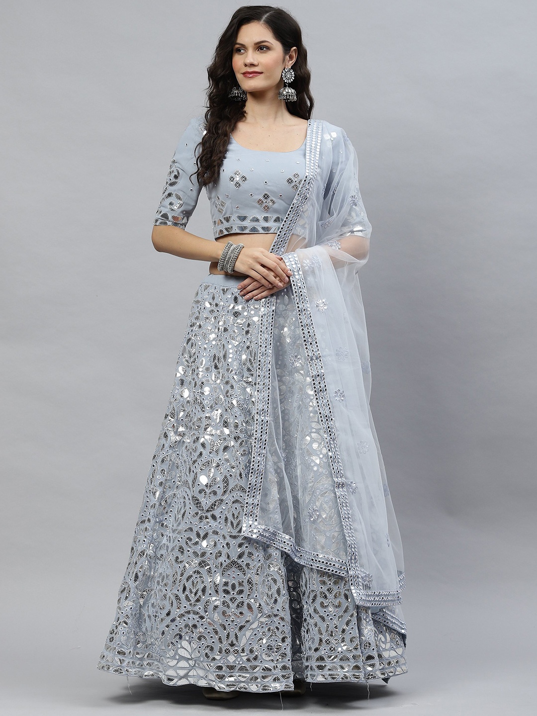 

HERE&NOW Embroidered Mirror Work Semi-Stitched Lehenga & Unstitched Blouse With Dupatta, Blue