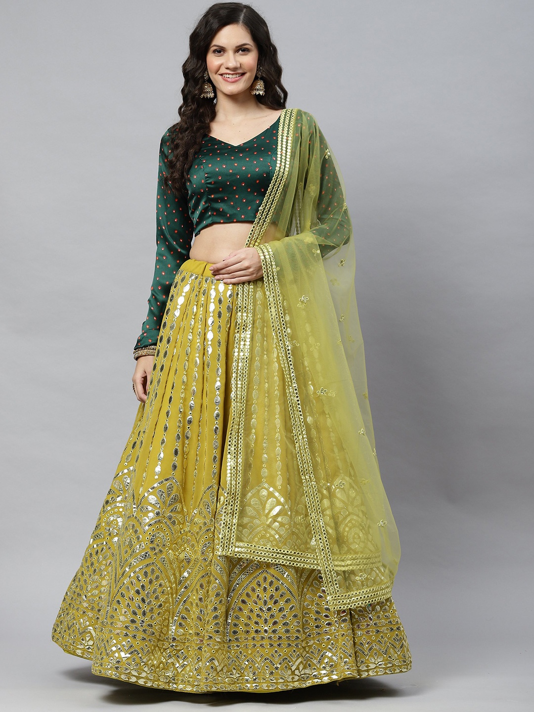 

HERE&NOW Printed Thread Work Semi-Stitched Lehenga & Unstitched Blouse With Dupatta, Fluorescent green
