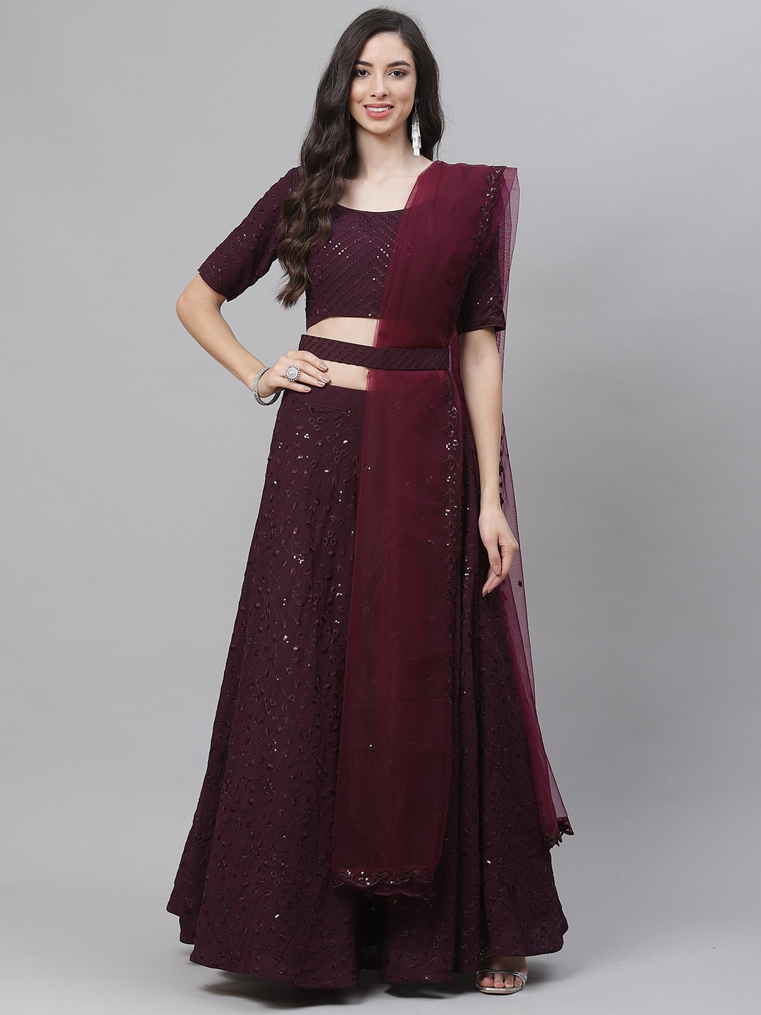 

HERE&NOW Embellished Sequinned Semi-Stitched Lehenga & Unstitched Blouse With Dupatta, Purple