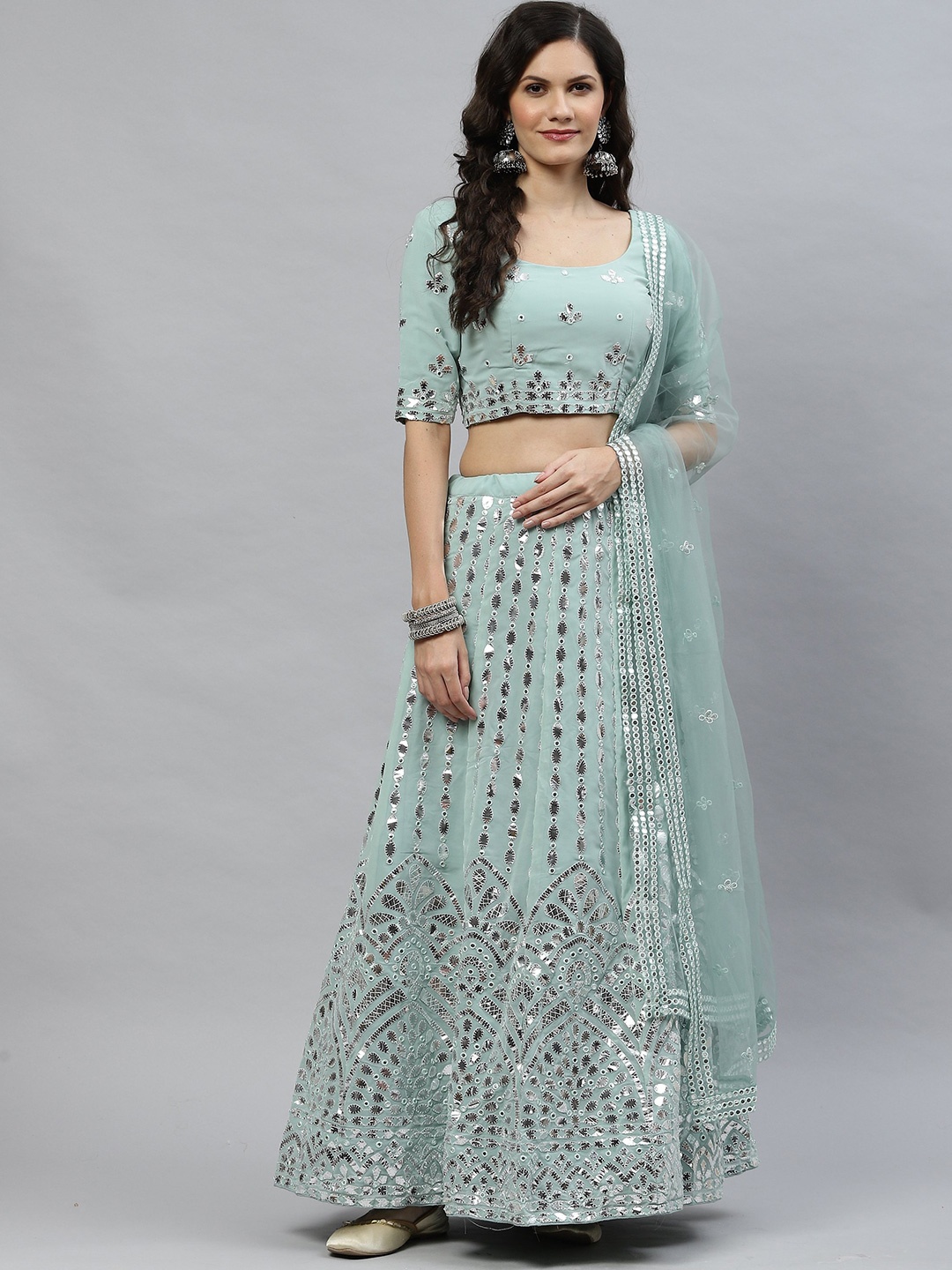 

HERE&NOW Embellished Gotta Patti Semi-Stitched Lehenga & Unstitched Blouse With Dupatta, Green