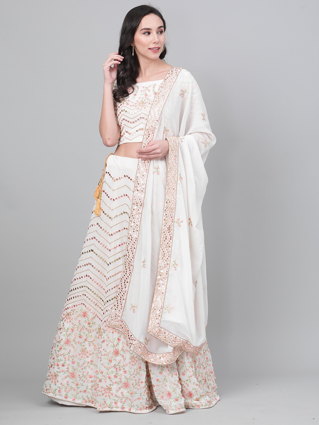 

HERE&NOW Embroidered Thread Work Semi-Stitched Lehenga & Unstitched Blouse With Dupatta, White