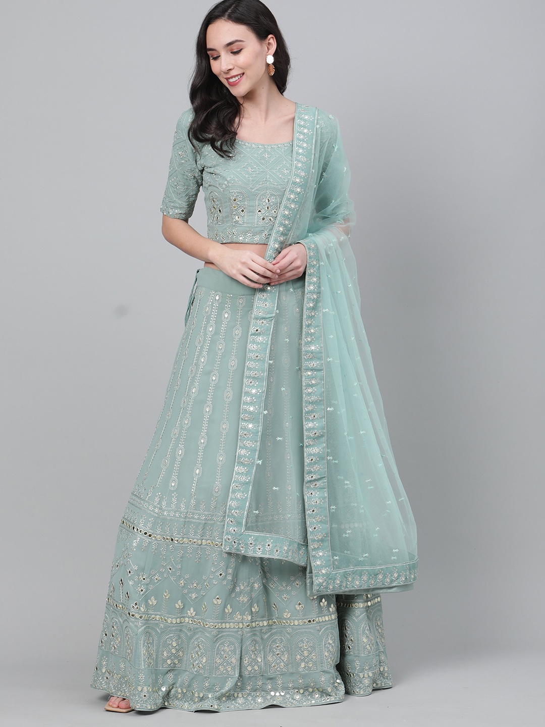 

HERE&NOW Embroidered Sequinned Semi-Stitched Lehenga & Unstitched Blouse With Dupatta, Green