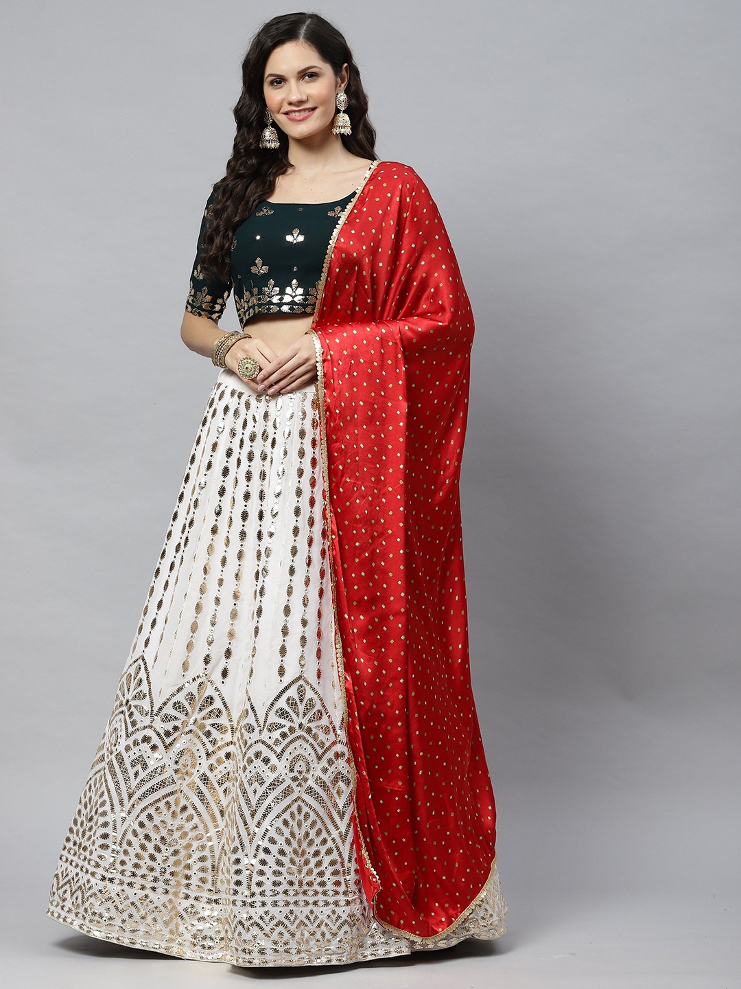 

HERE&NOW Embroidered Mirror Work Semi-Stitched Lehenga & Unstitched Blouse With Dupatta, White