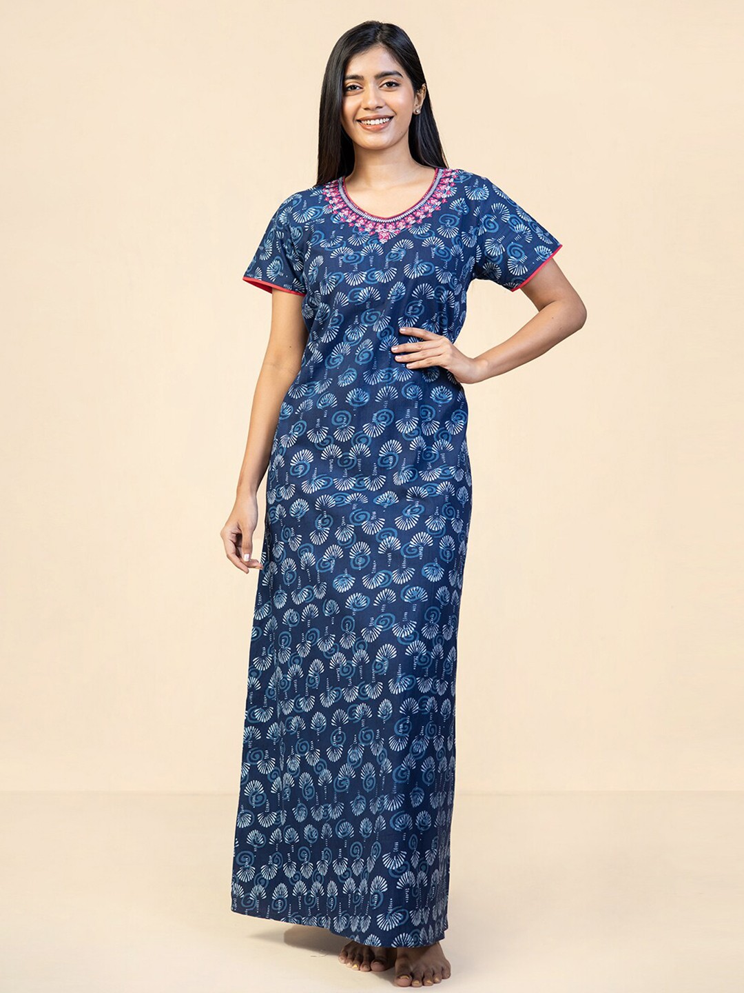 

Maybell Ethnic Motifs Printed Pure Cotton Maxi Nightdress, Blue