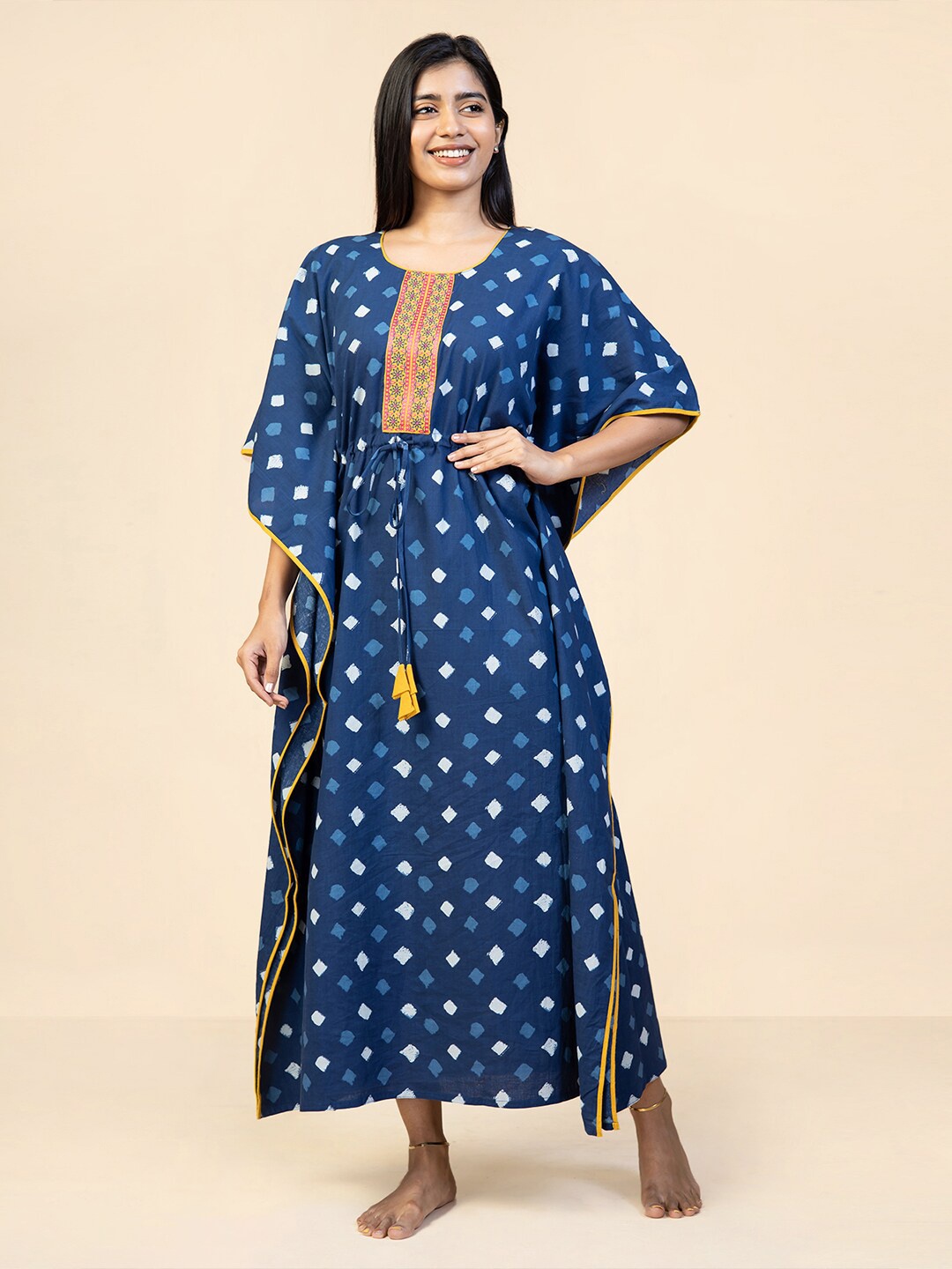 

Maybell Geometric Printed Pure Cotton Kaftan Maxi Nightdress, Blue