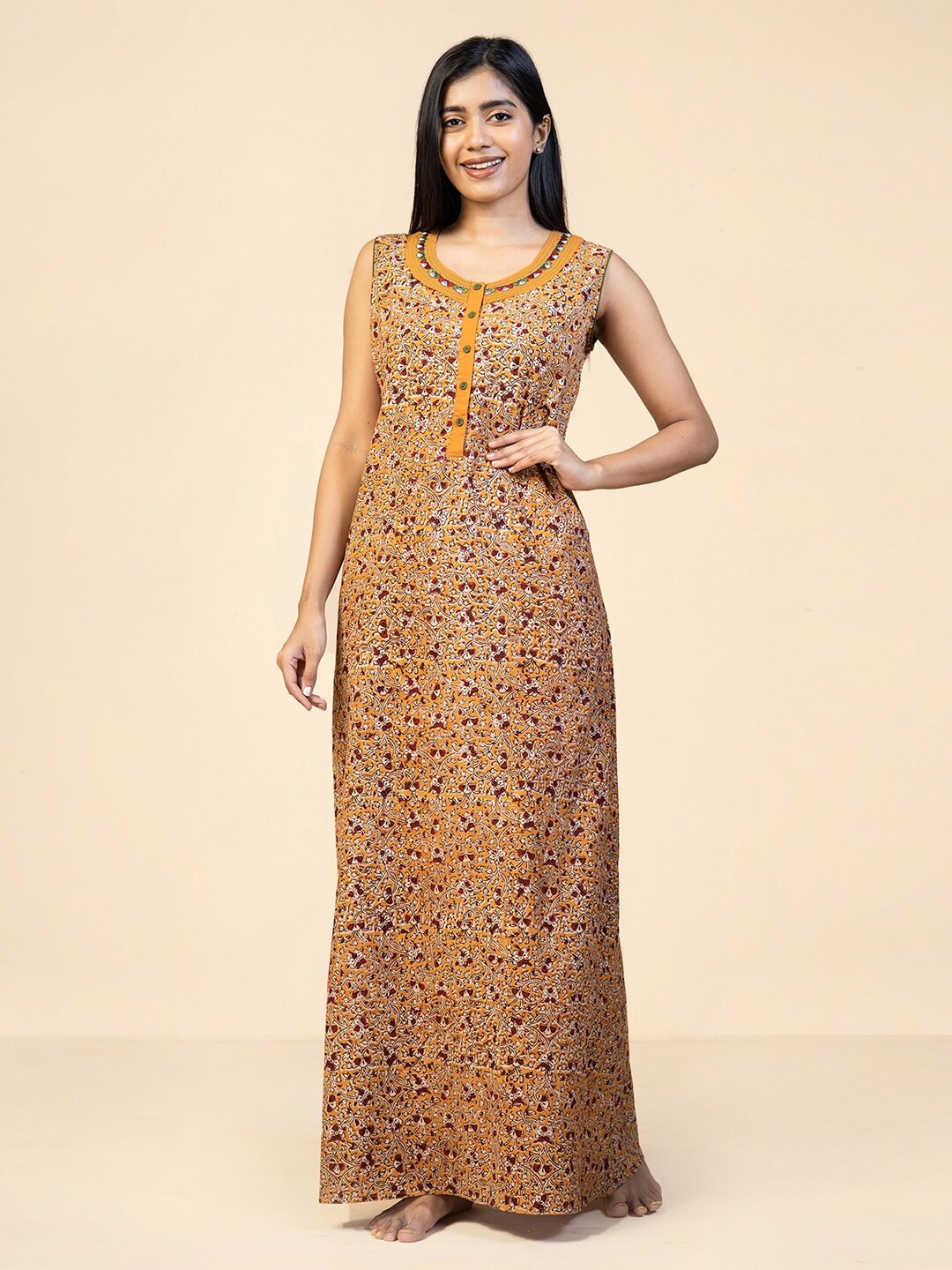 

Maybell Floral Printed Sleeveless Pure Cotton Maxi Nightdress, Mustard