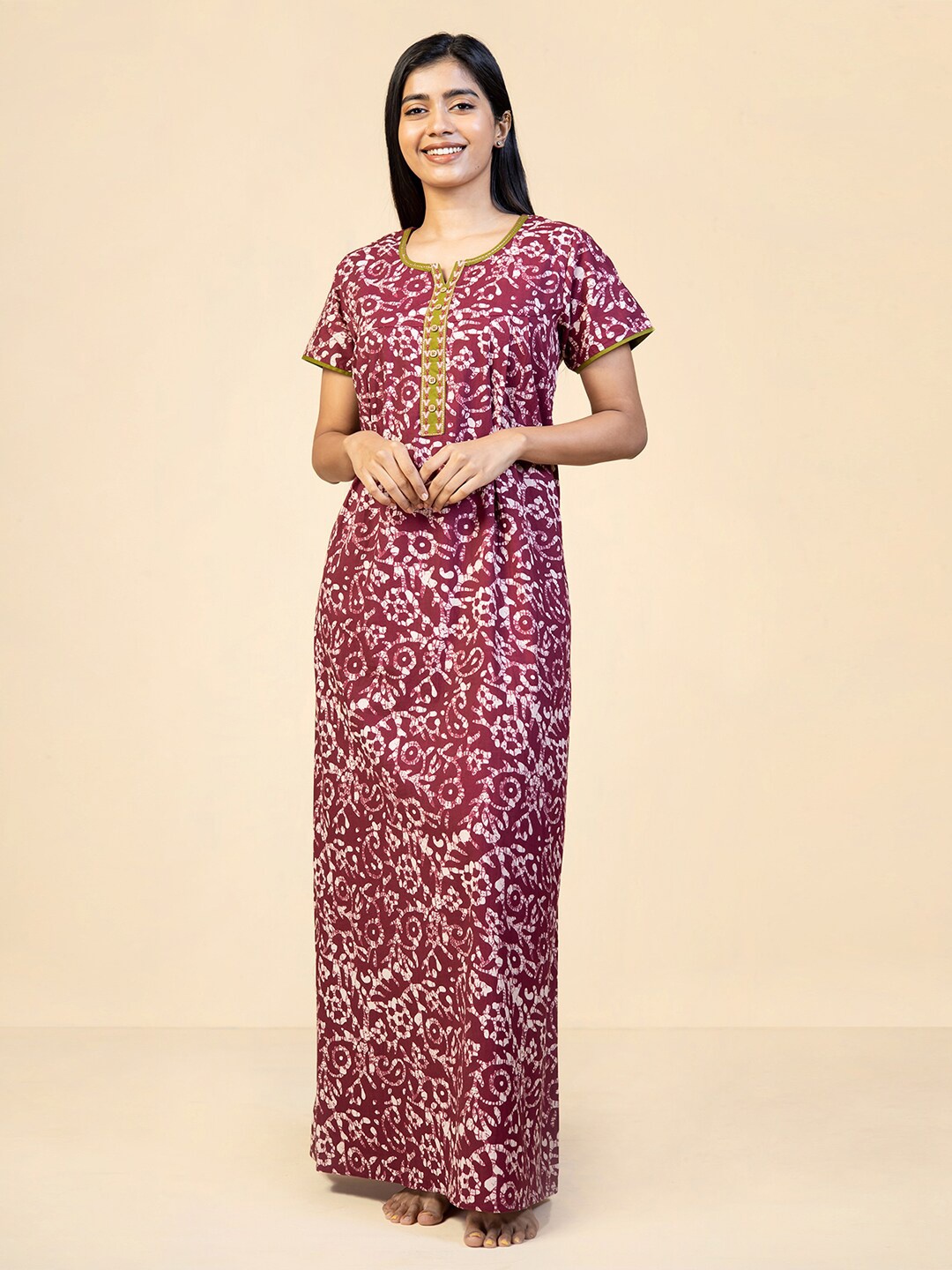 

Maybell Ethnic Motifs Printed Pure Cotton Maxi Nightdress, Maroon