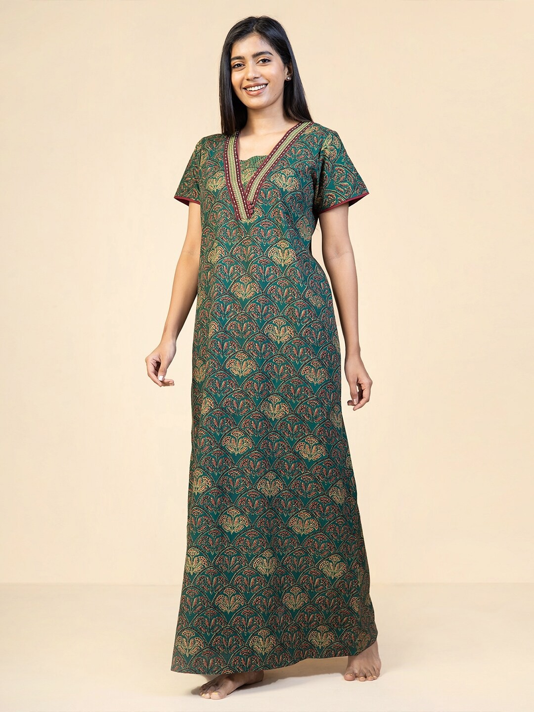 

Maybell Ethnic Motifs Printed Pure Cotton Maxi Nightdress, Green