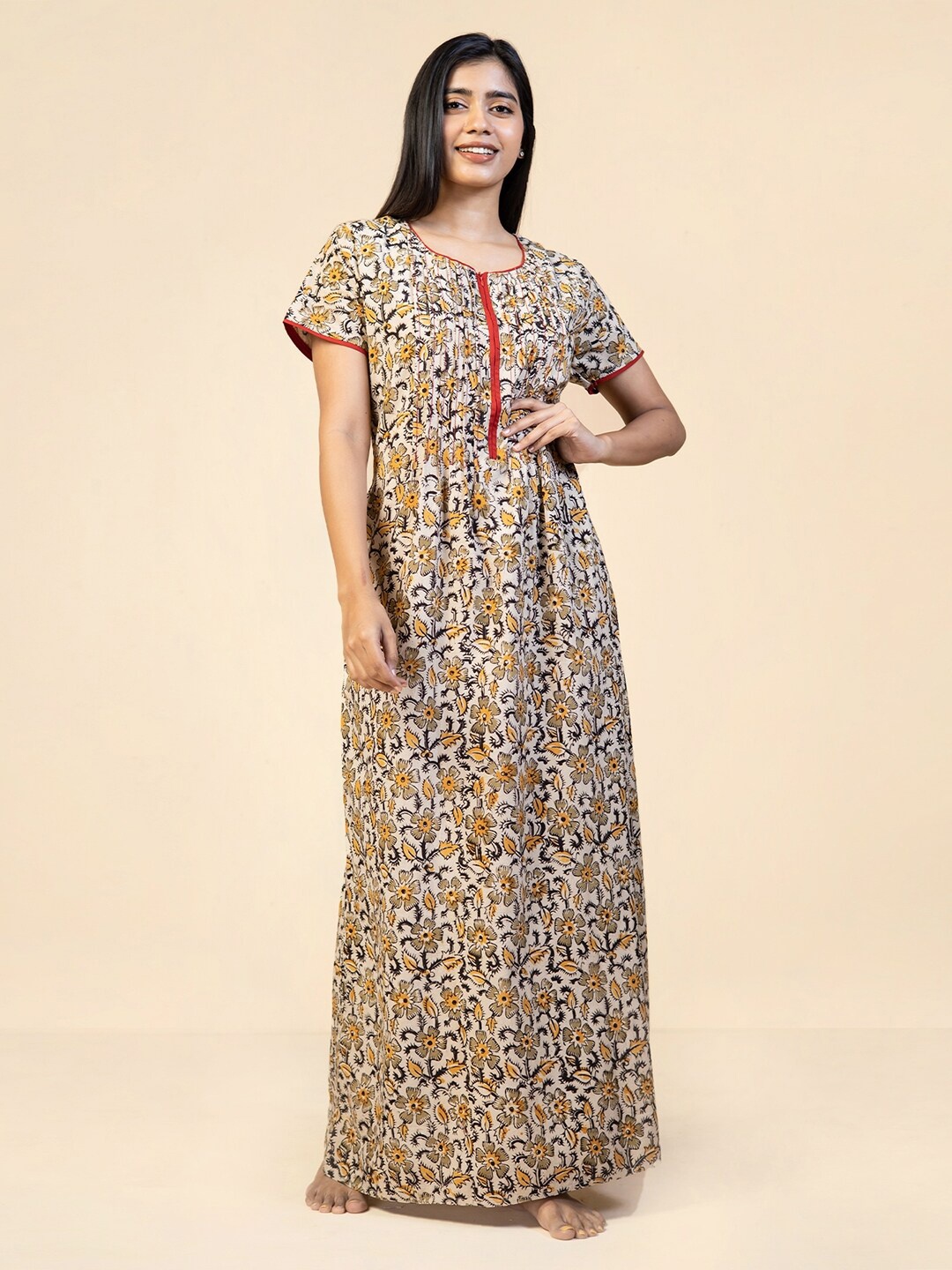 

Maybell Floral Printed Pure Cotton Maxi Nightdress, Beige