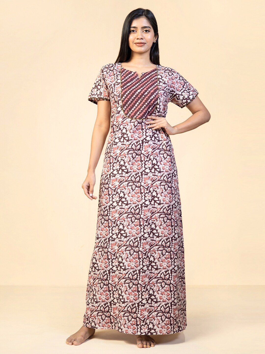 

Maybell Floral Printed Pure Cotton Maxi Nightdress, Maroon