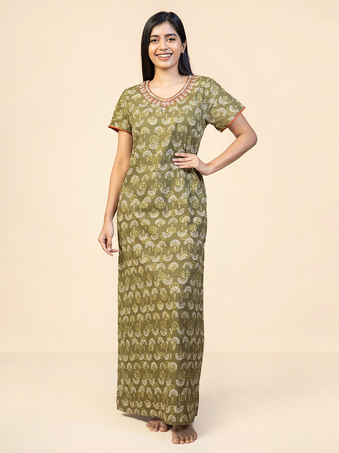

Maybell Ethnic Motifs Printed Pure Cotton Maxi Nightdress, Green